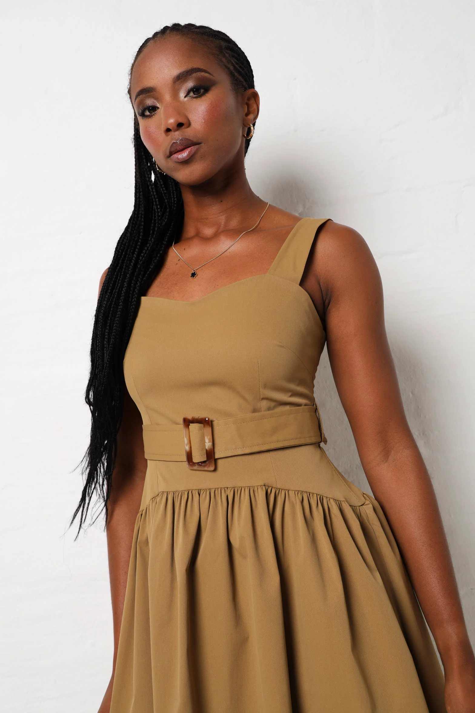 Sleeveless Belted Rouched Twill Midi Dress - Olive - Image 2