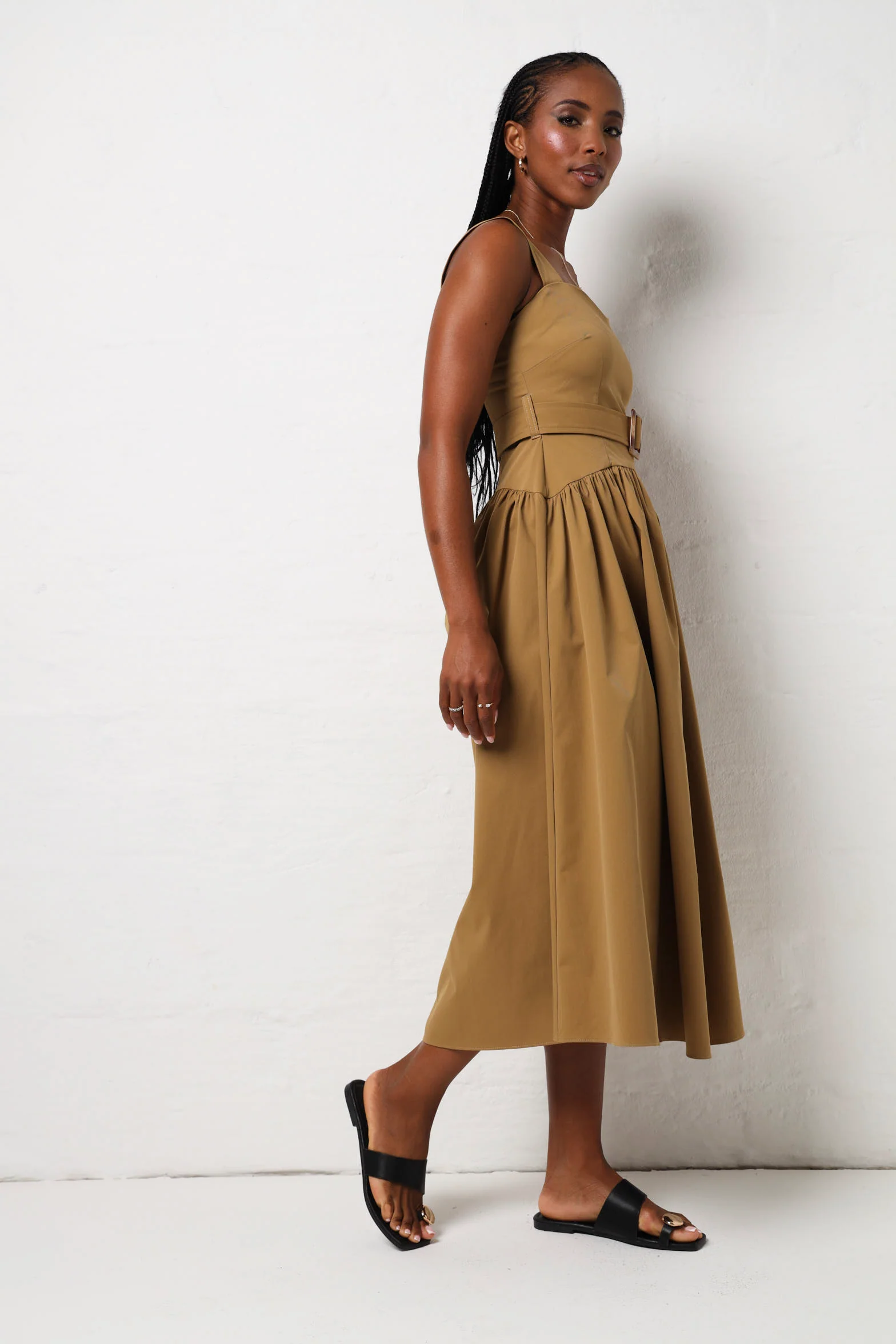 Sleeveless Belted Rouched Twill Midi Dress - Olive - Image 3