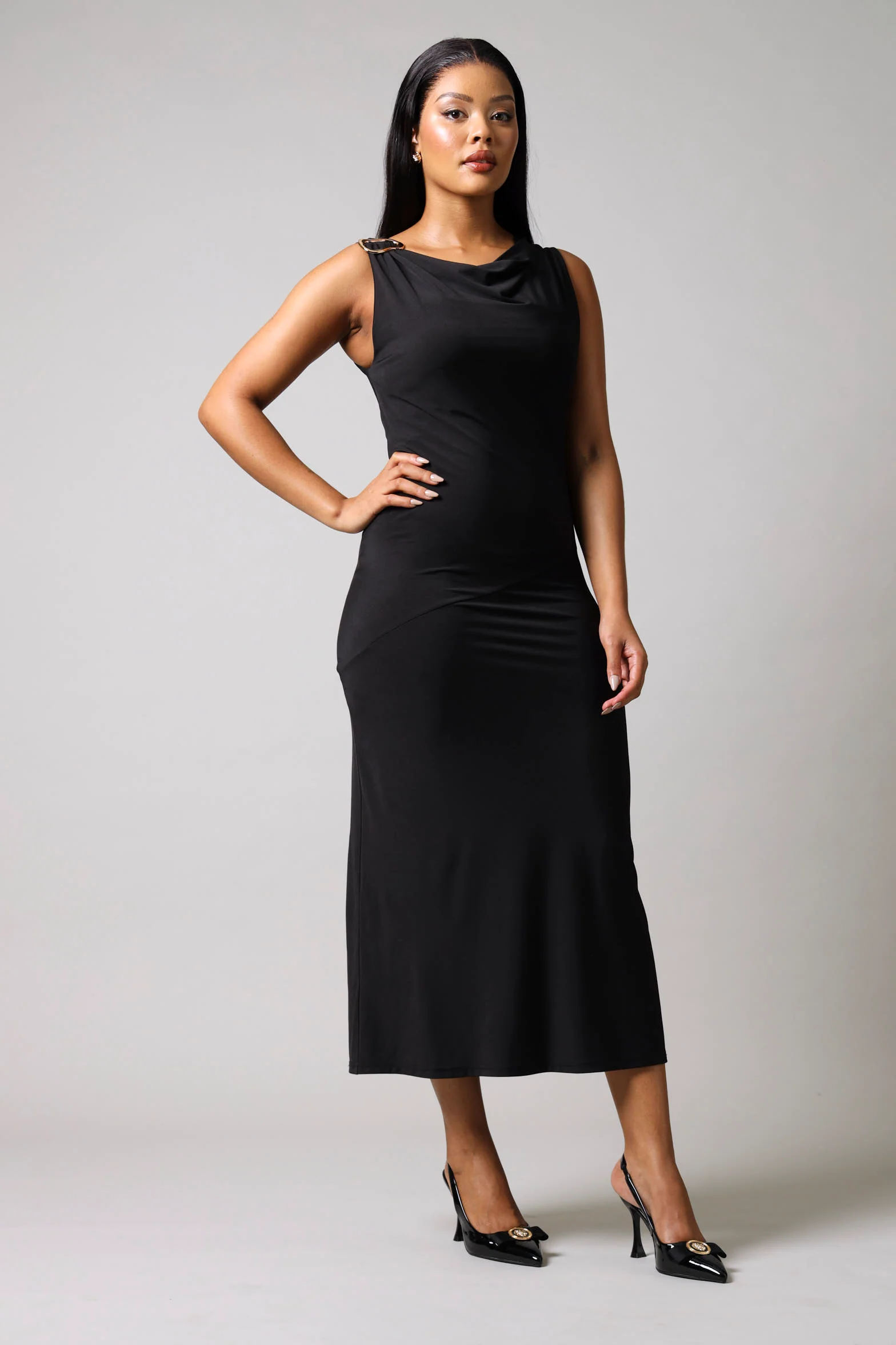 Sleeveless Buckle Trim Slinky Dress - Black