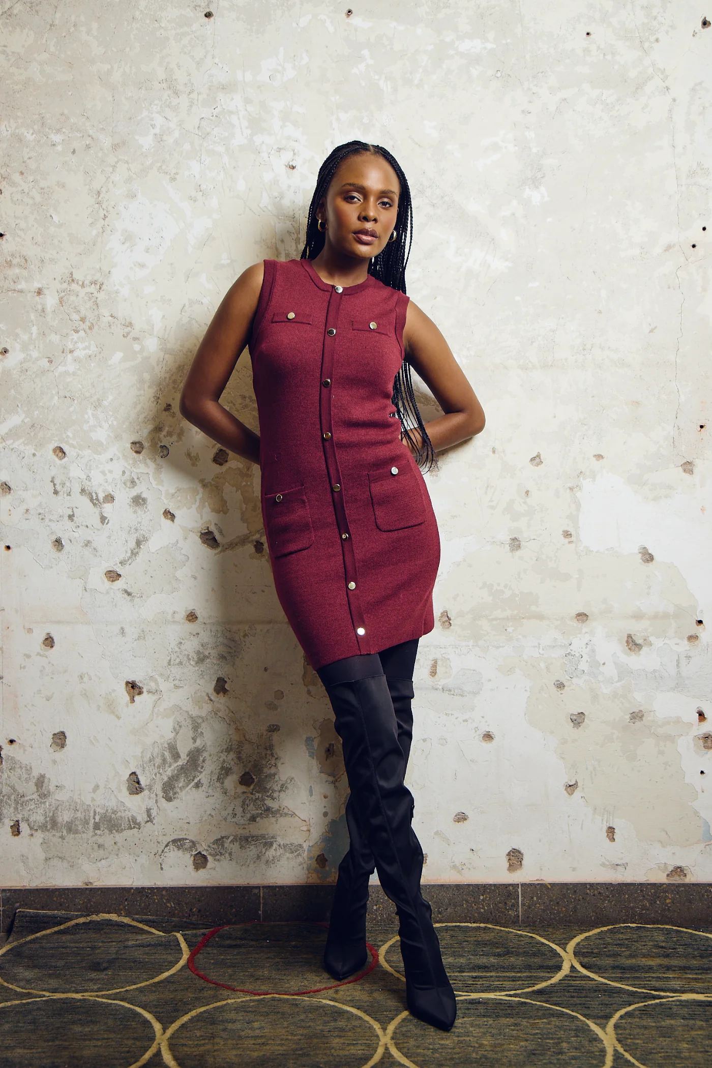 Sleeveless Button Down Knitwear Dress - Burgundy