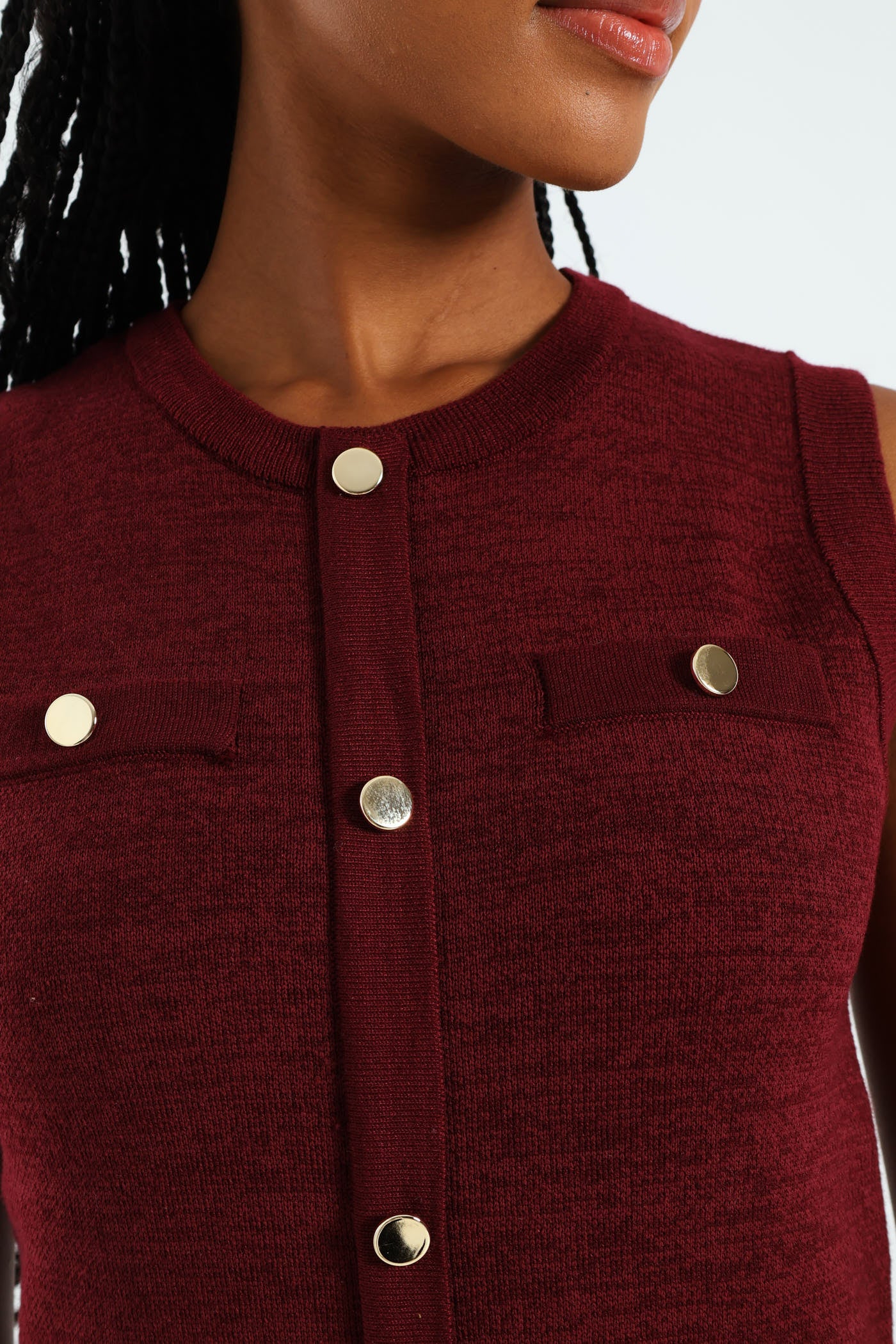 Sleeveless Button Down Knitwear Dress - Burgundy - Image 6