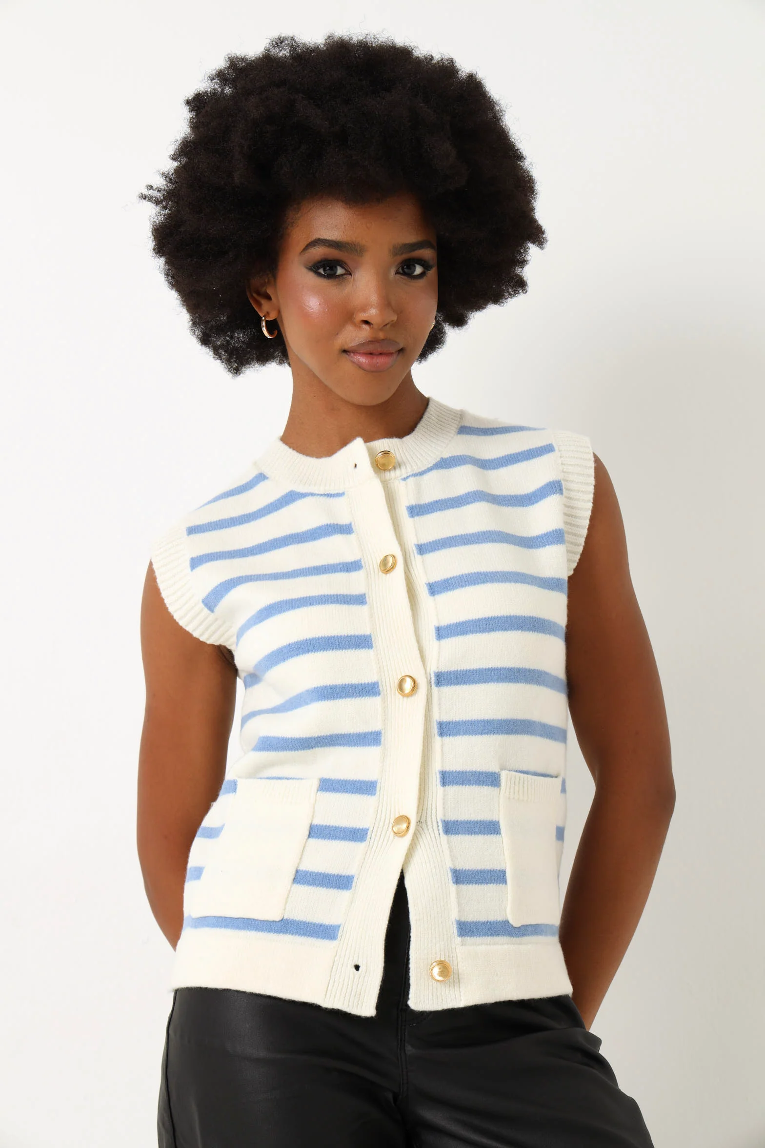 Sleeveless Button Down Stripe Cardigan - White/Blue