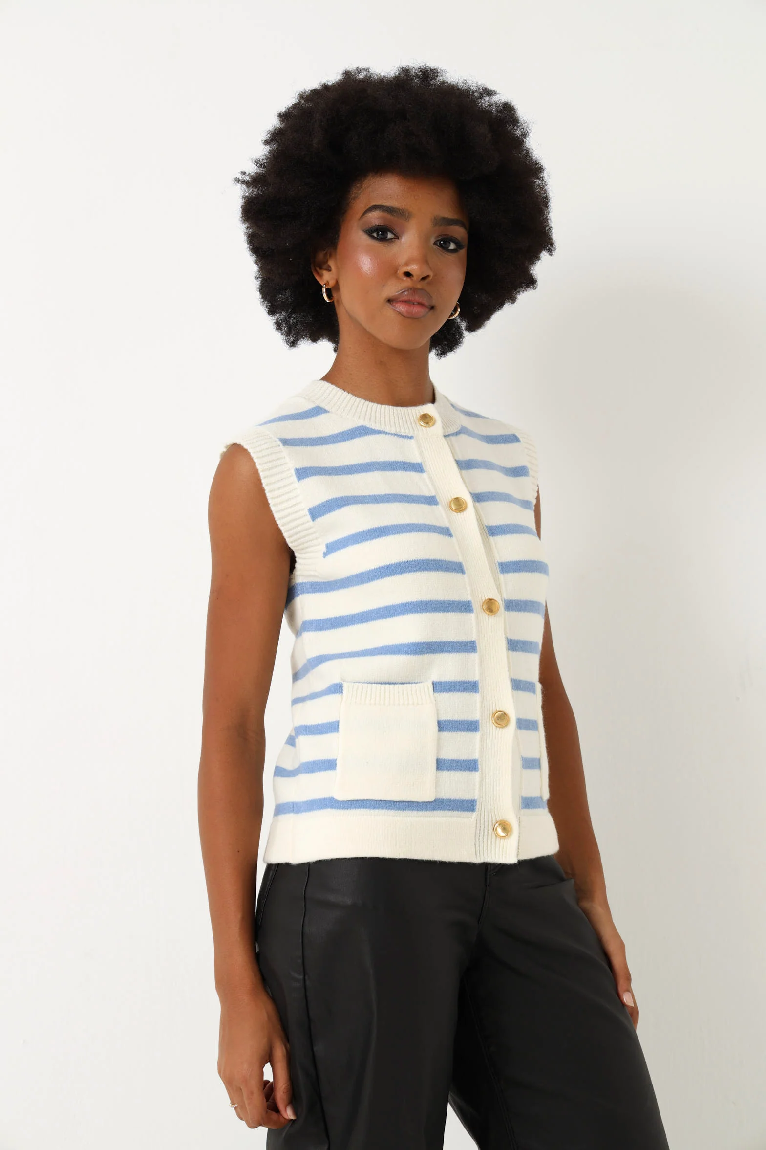Sleeveless Button Down Stripe Cardigan - White/Blue - Image 3