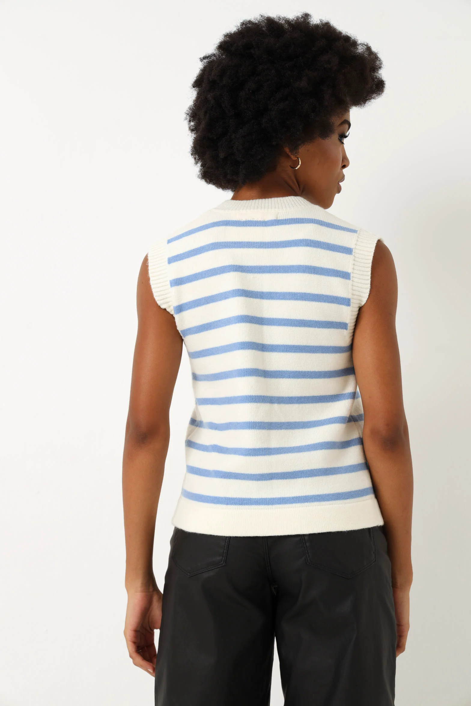 Sleeveless Button Down Stripe Cardigan - White/Blue - Image 4