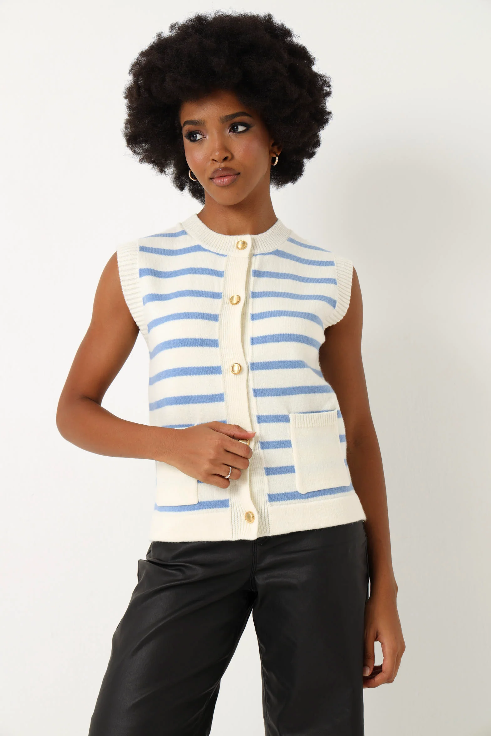 Sleeveless Button Down Stripe Cardigan - White/Blue - Image 5