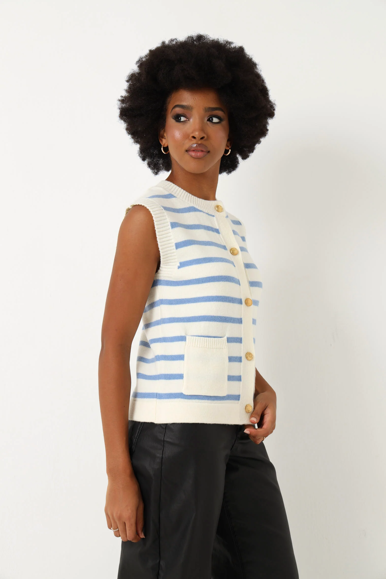 Sleeveless Button Down Stripe Cardigan - White/Blue - Image 6
