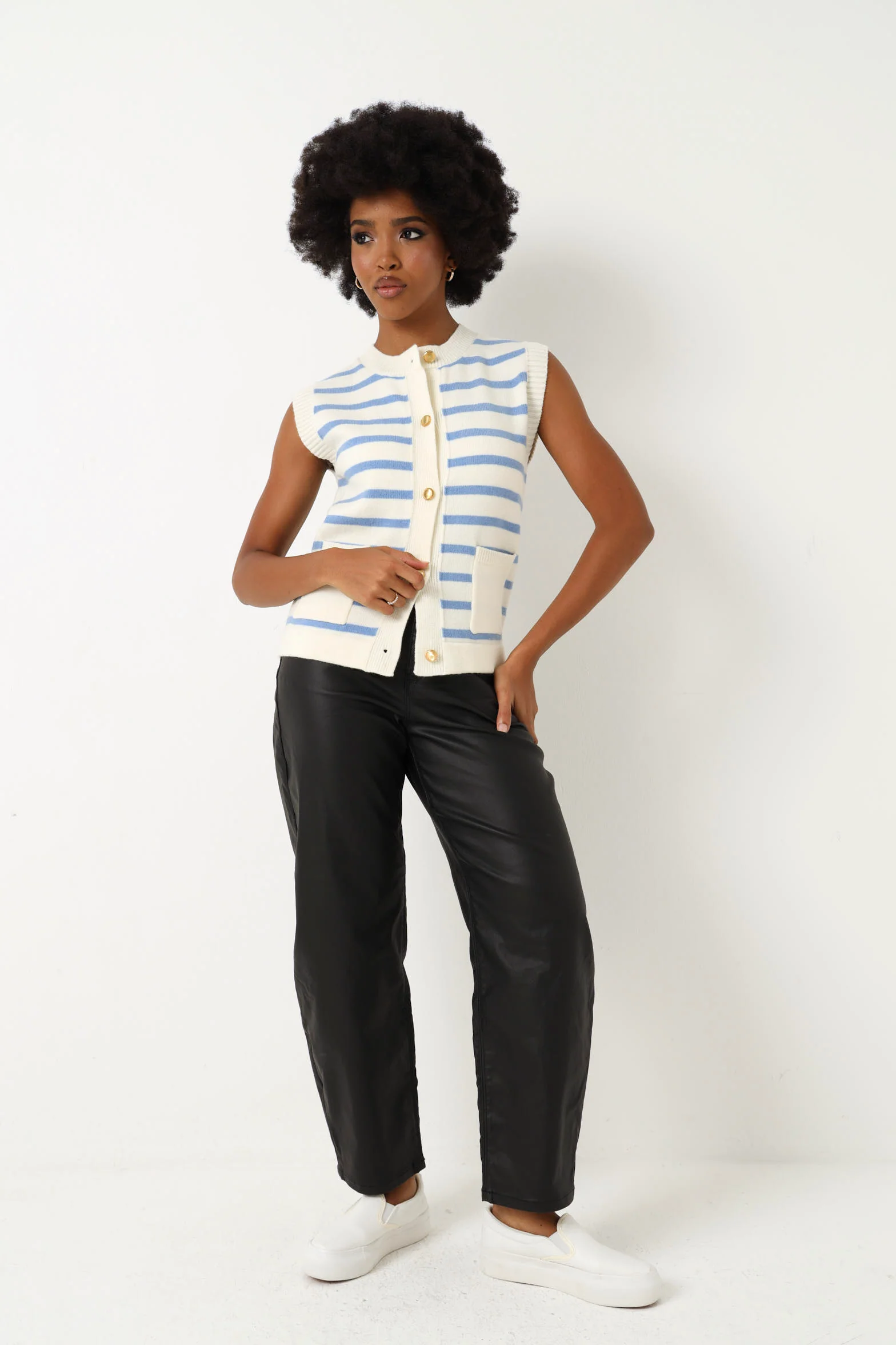 Sleeveless Button Down Stripe Cardigan - White/Blue - Image 7