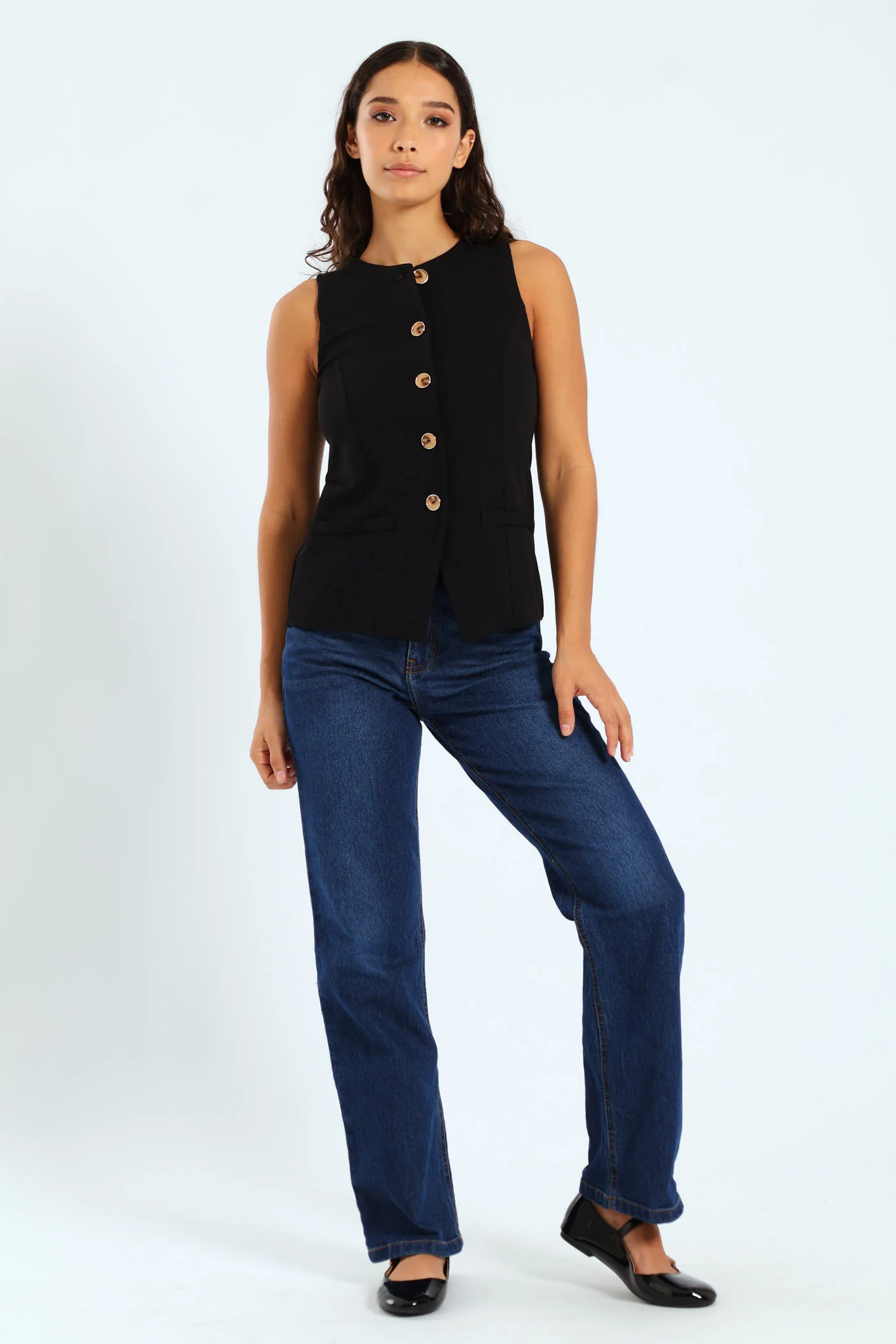 Sleeveless Button Down Waistcoat Top - Black - Image 5