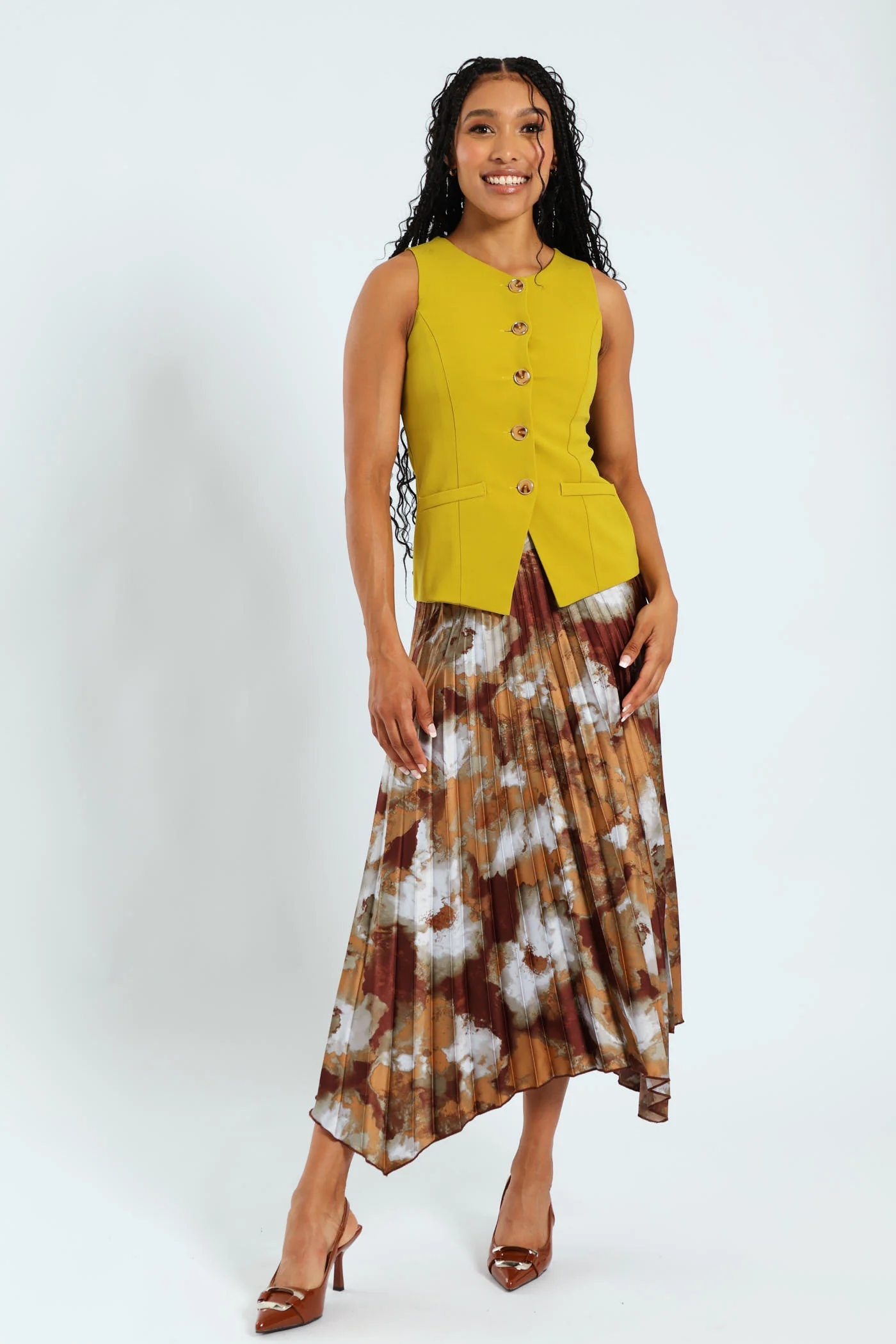 Sleeveless Button Down Waistcoat Top - Chartreuse - Image 2