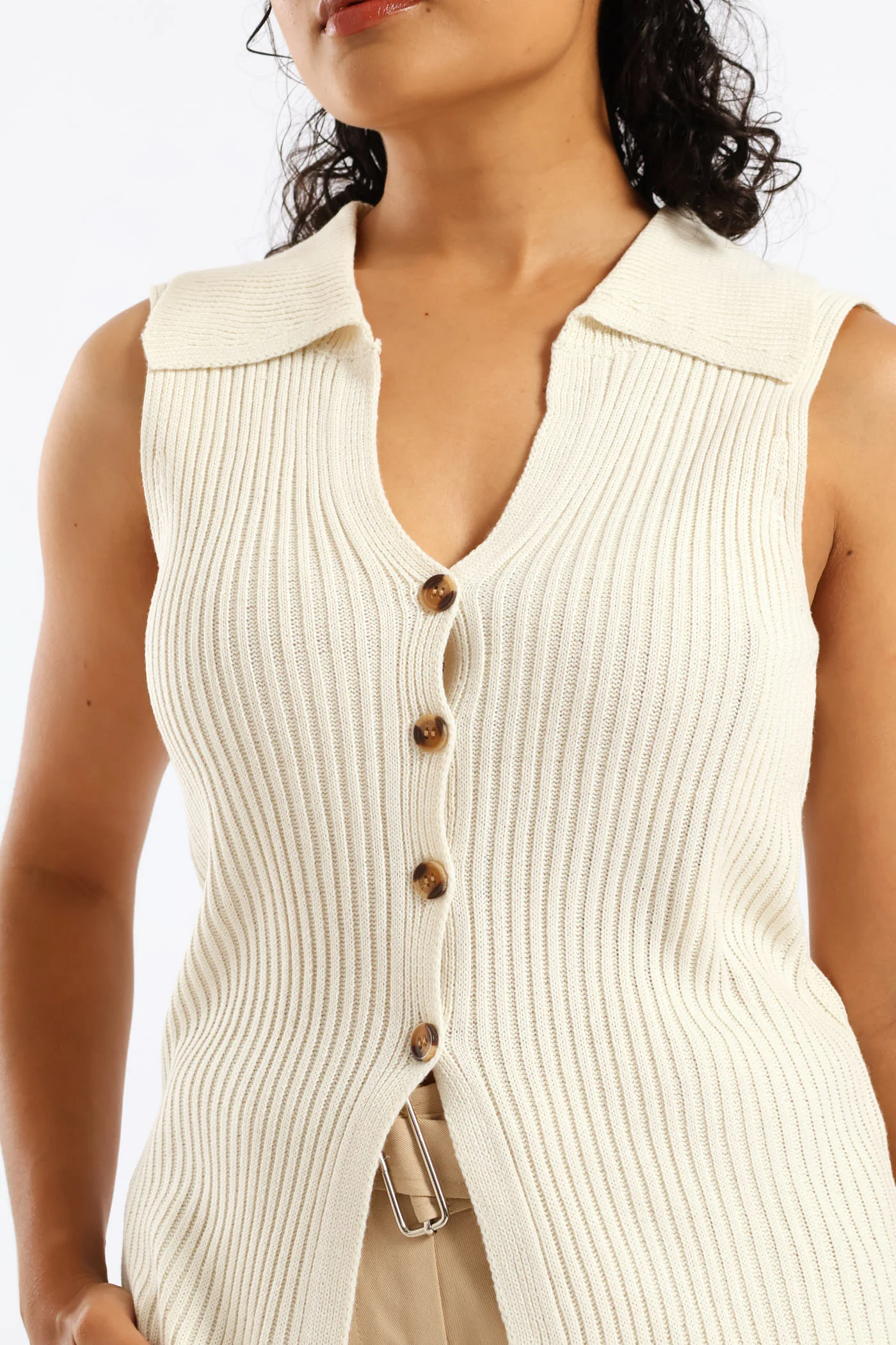 Sleeveless Button Front Knitwear Golfer - Cream - Image 4