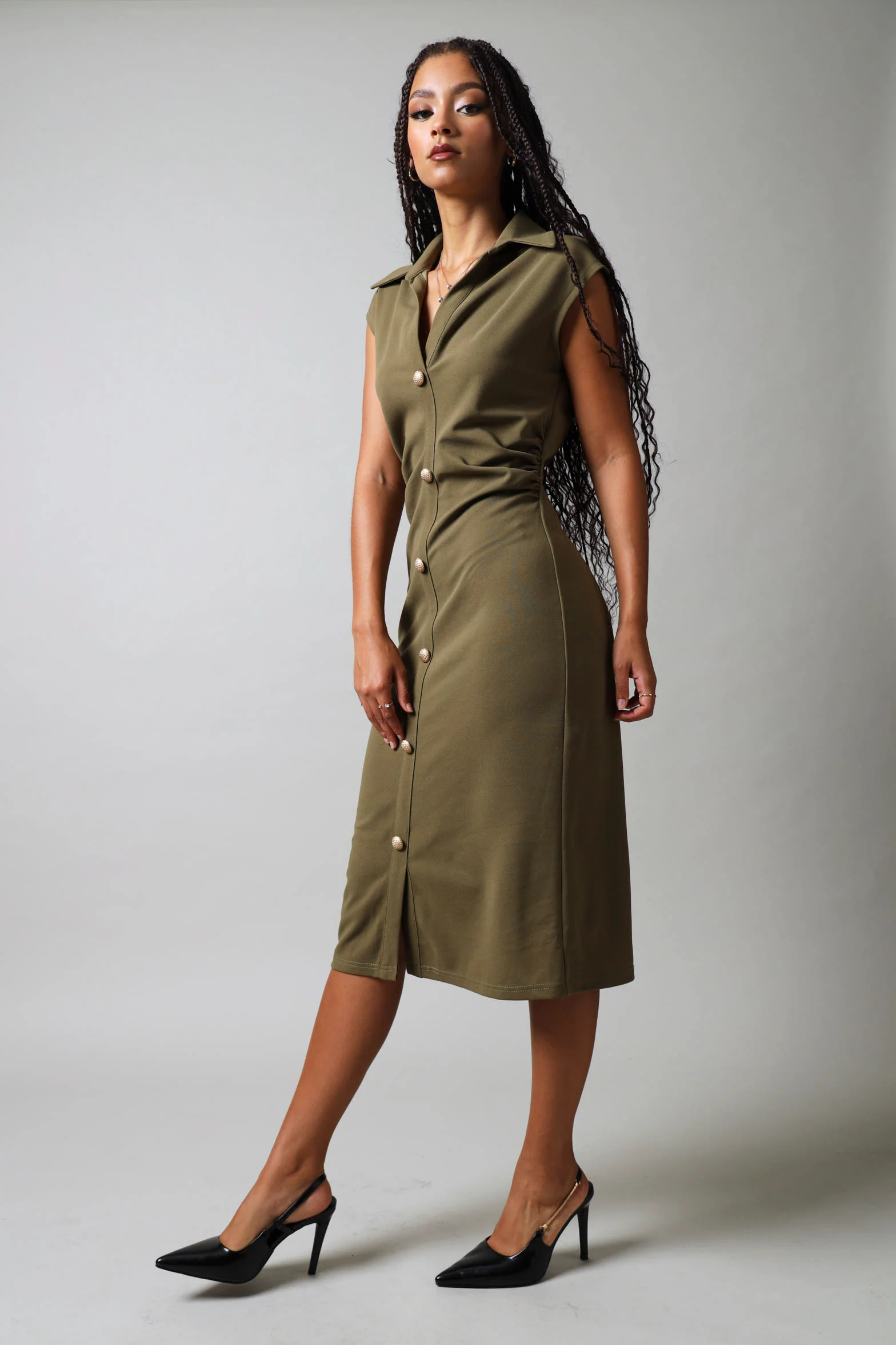 Sleeveless Collared Button Down Dress - Fatigue - Image 3