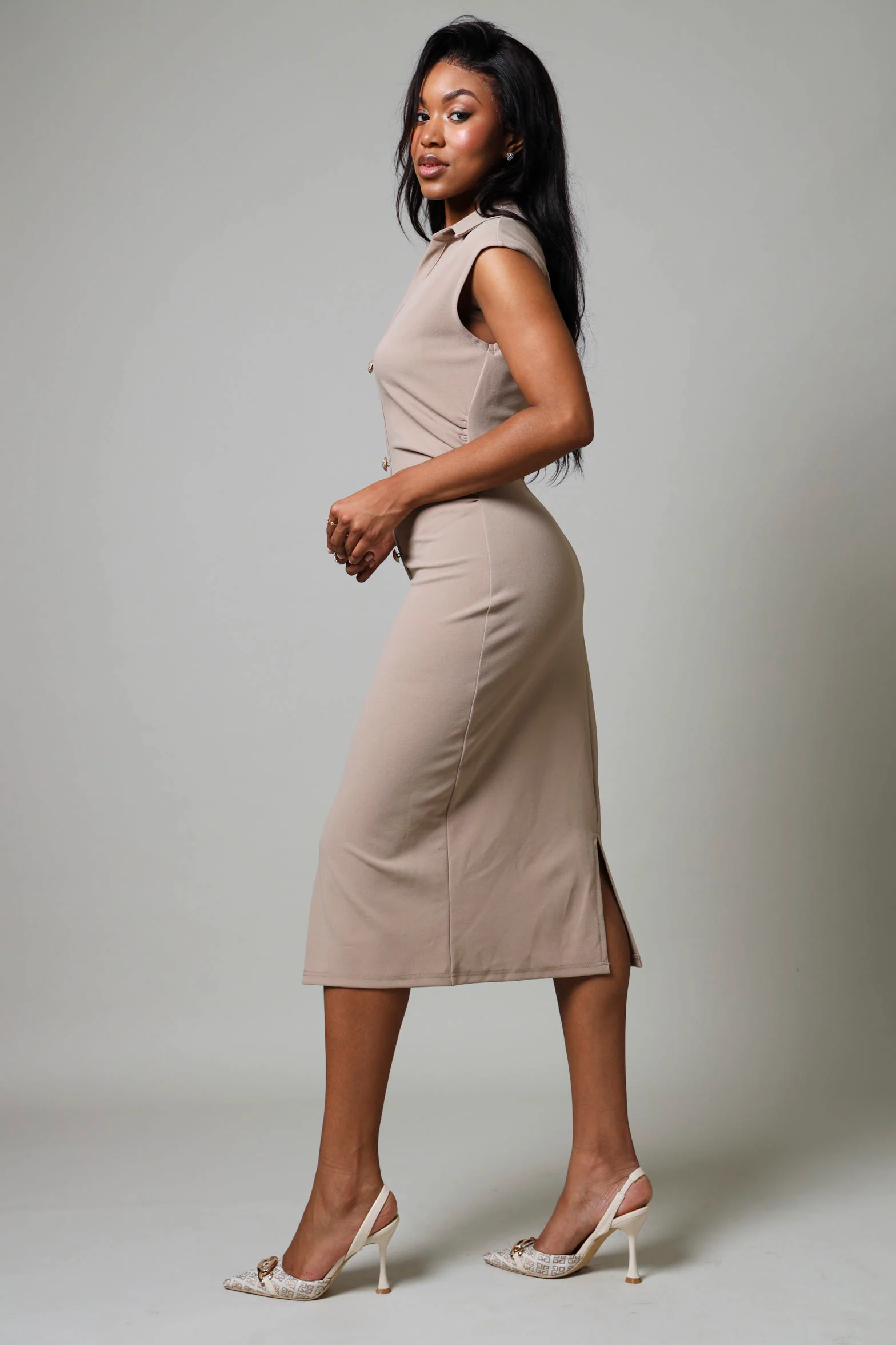 Sleeveless Collared Button Down Dress - Nude - Image 4
