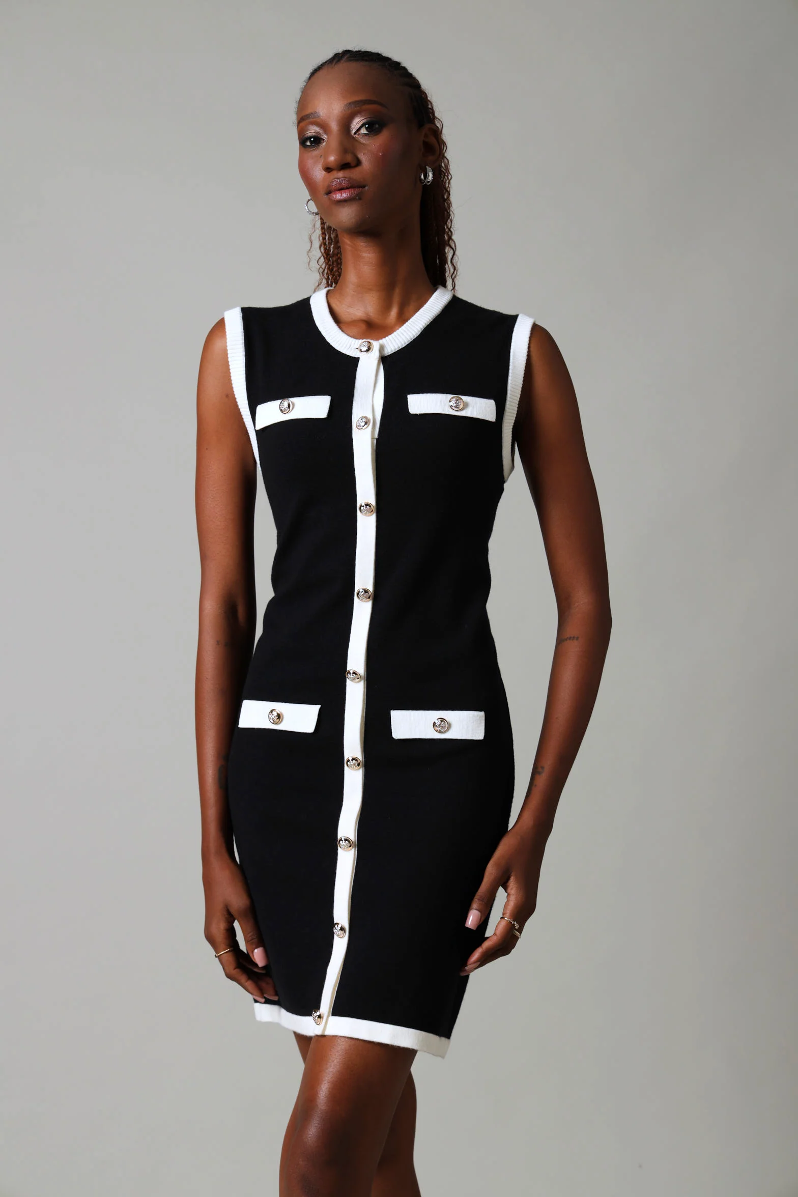Sleeveless Contrast Knitwear Dress - Black/White - Image 3