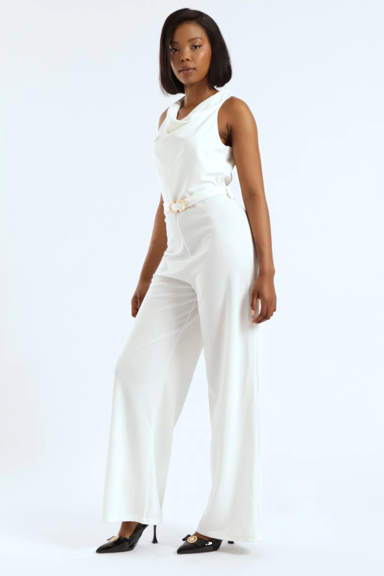 Sleeveless Cowl Neck Jumpsuit - White - Image 4