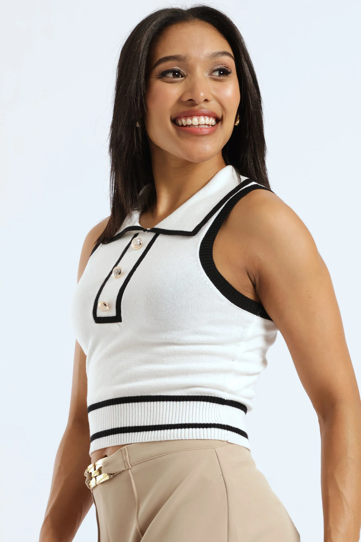 Sleeveless Crop Knitwear Golfer Top - White - Image 4