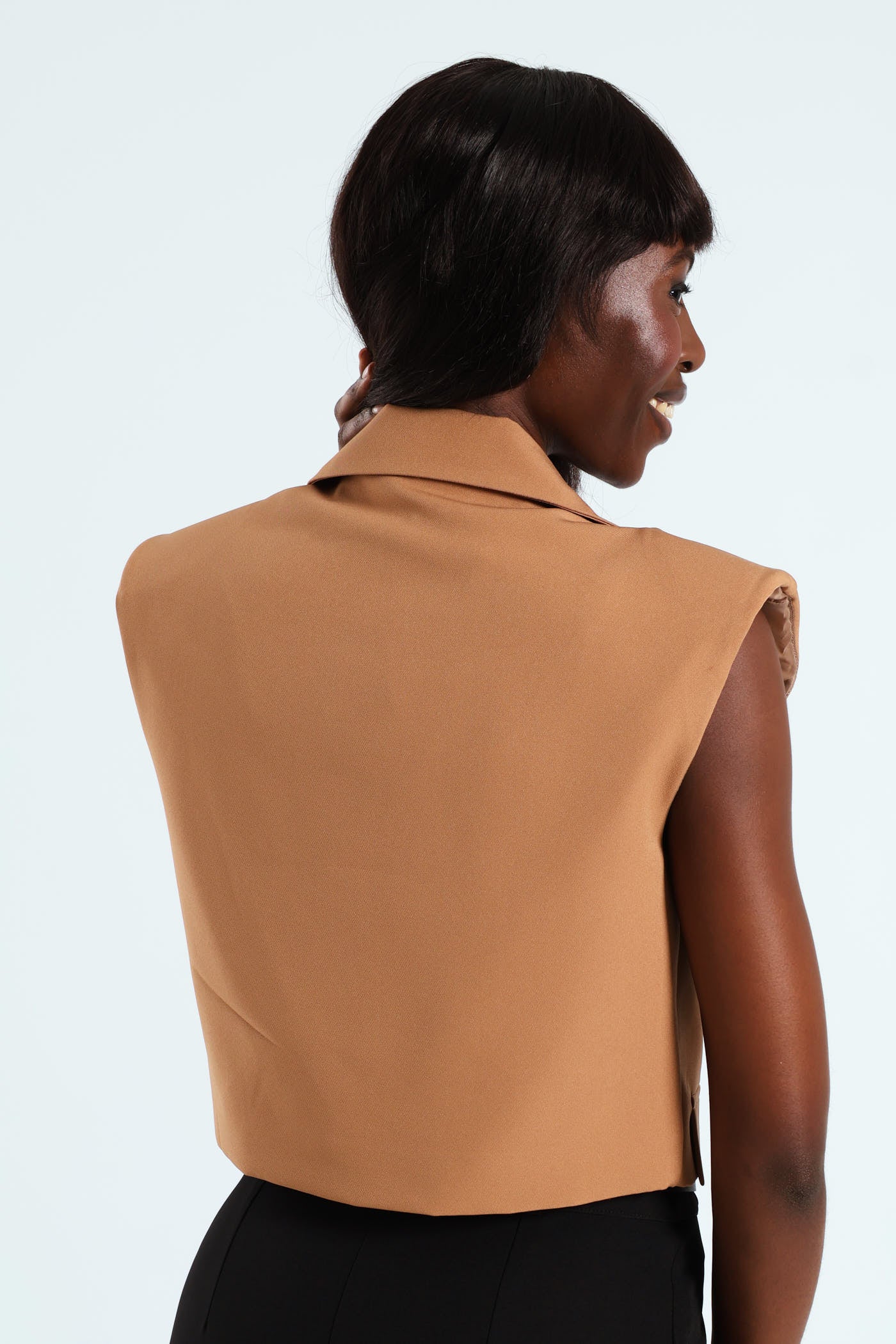 Sleeveless Cropped Blazer - Tan - Image 6