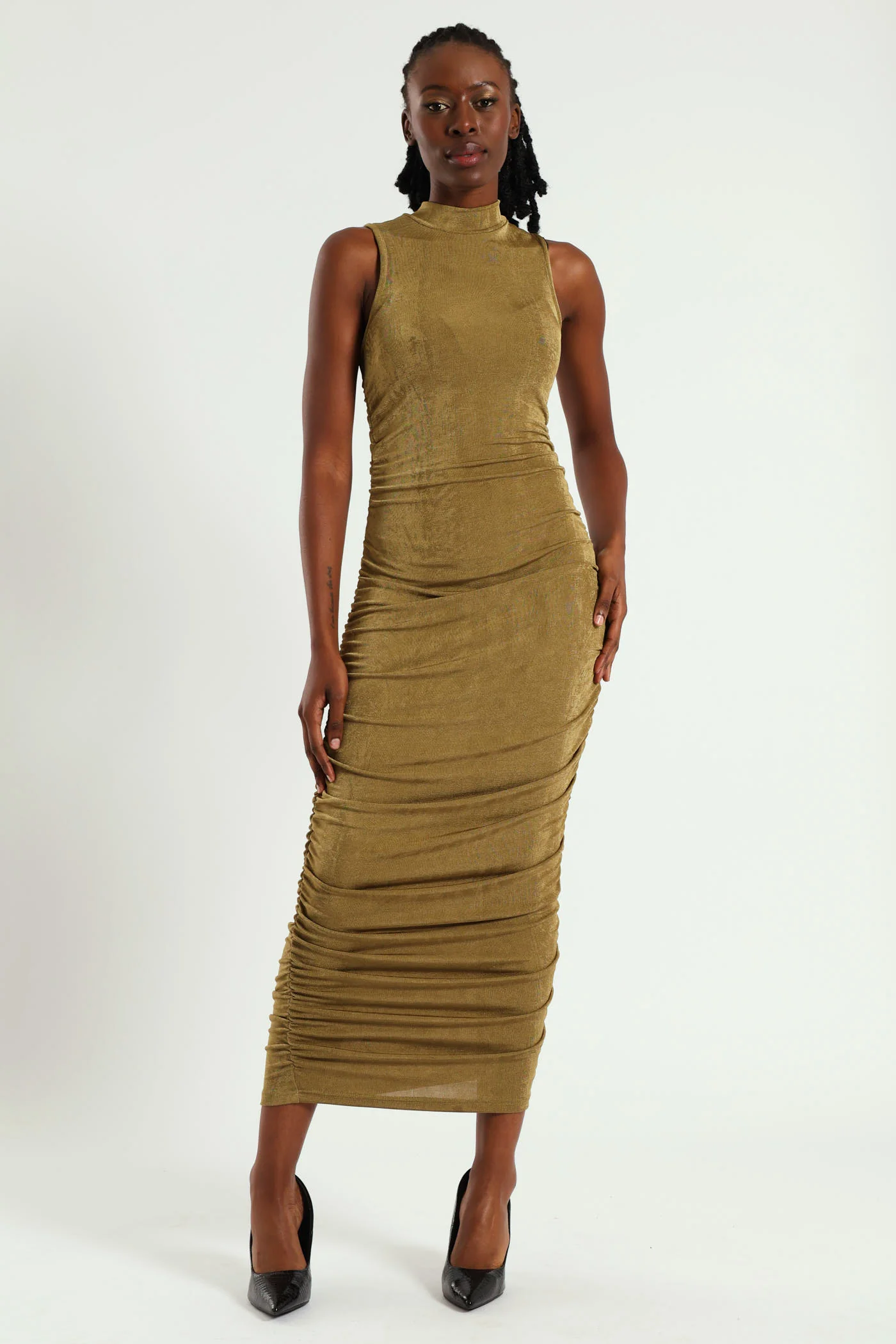 Sleeveless Cut Away Front Gauged Bodycon Dress - Olive