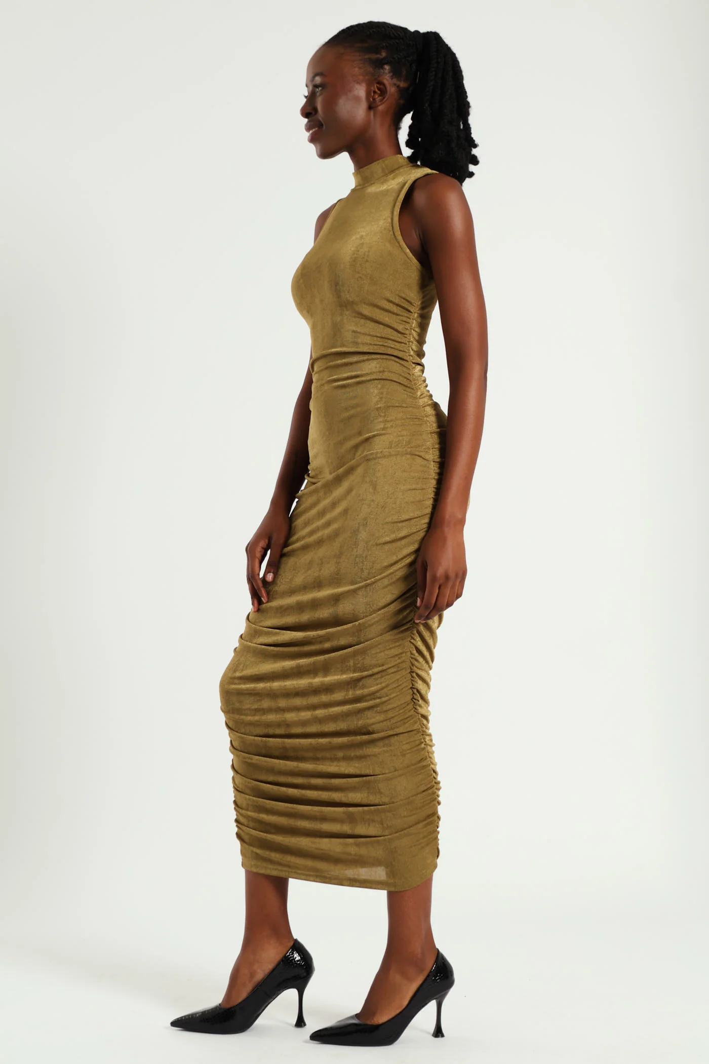Sleeveless Cut Away Front Gauged Bodycon Dress - Olive - Image 4