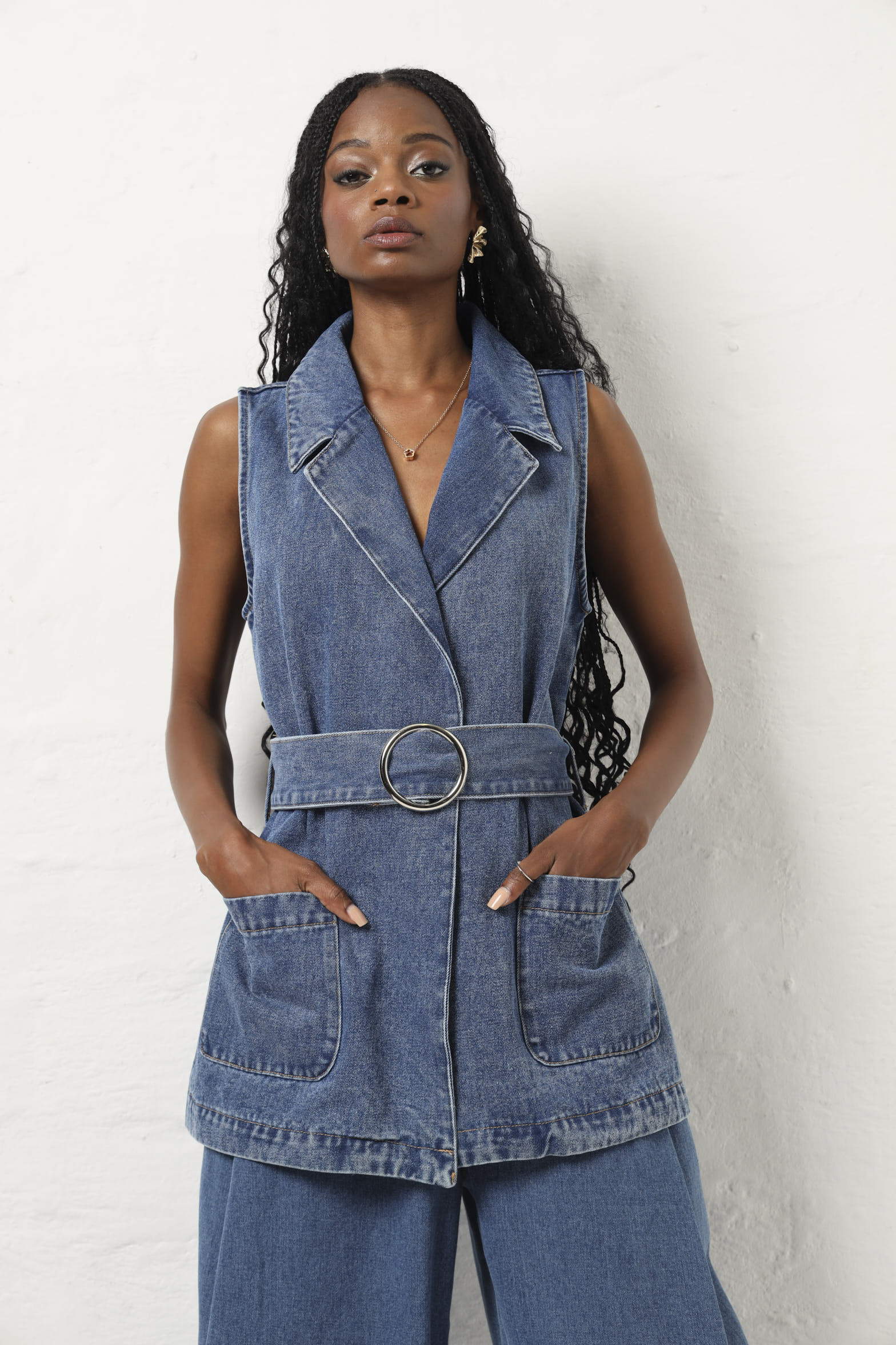 Sleeveless Denim Belted Gilet - Stonewash - Image 2