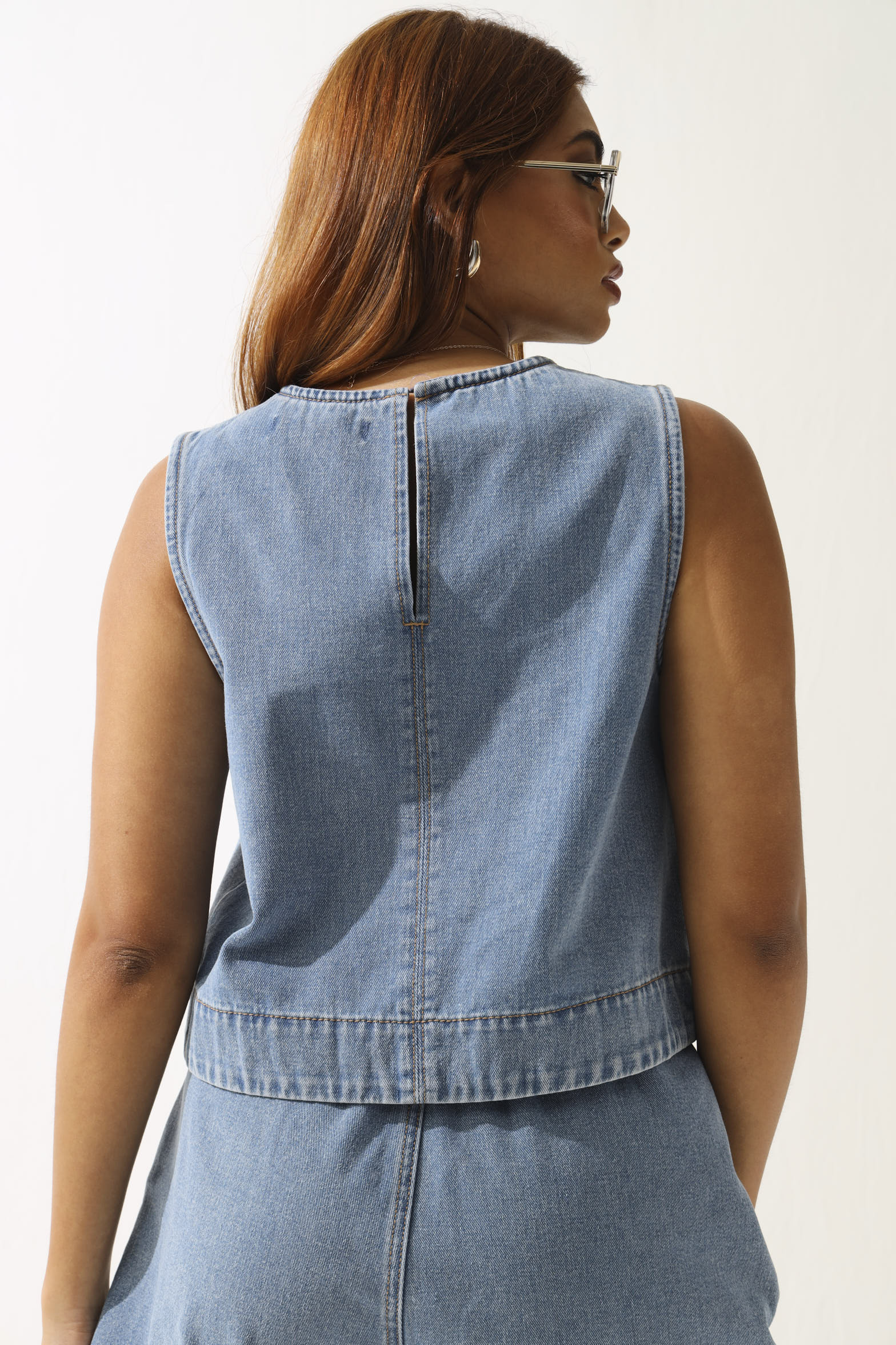 Sleeveless Denim Shell Top - Medium Blue - Image 4