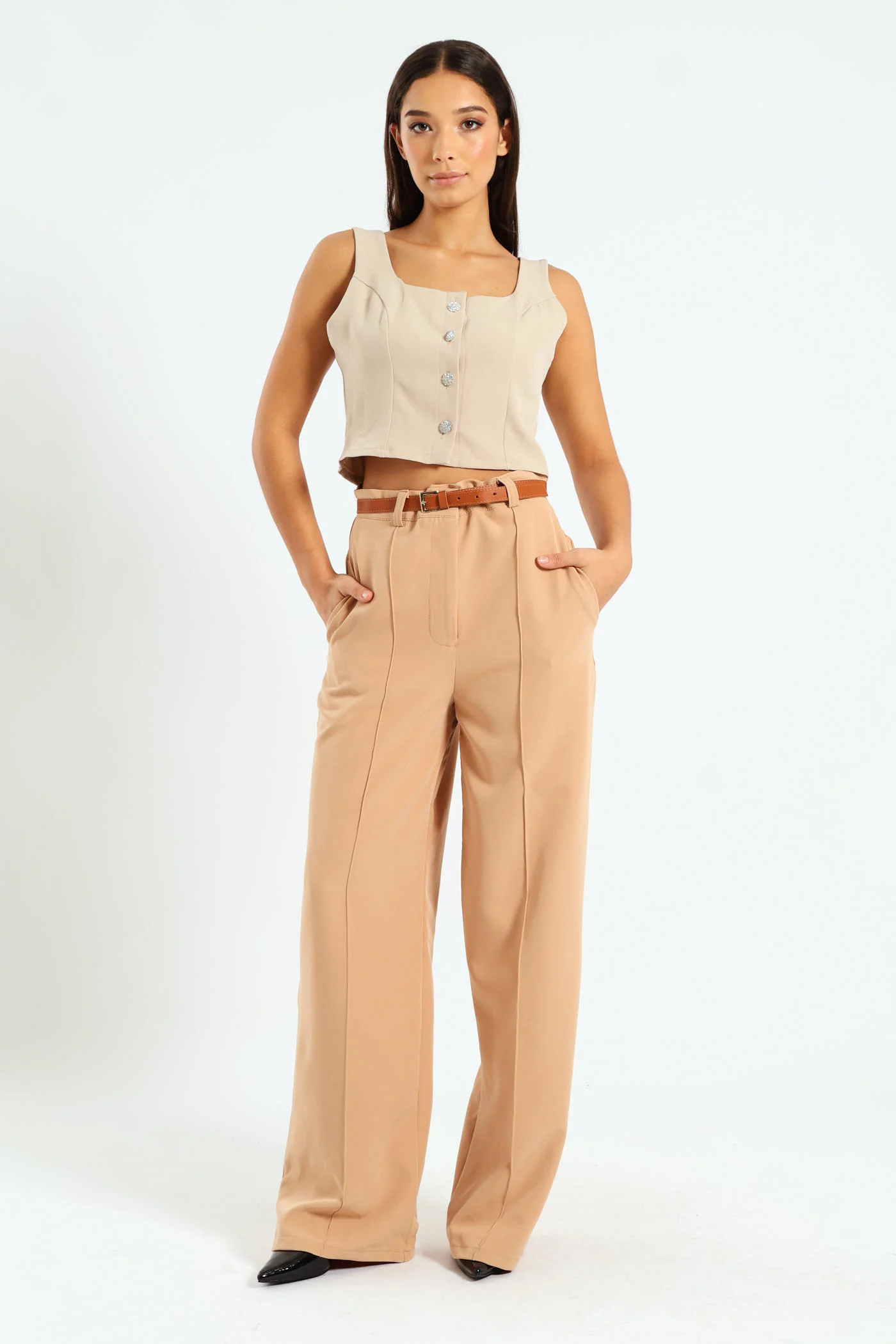 Sleeveless Diamante Top - Nude - Image 3