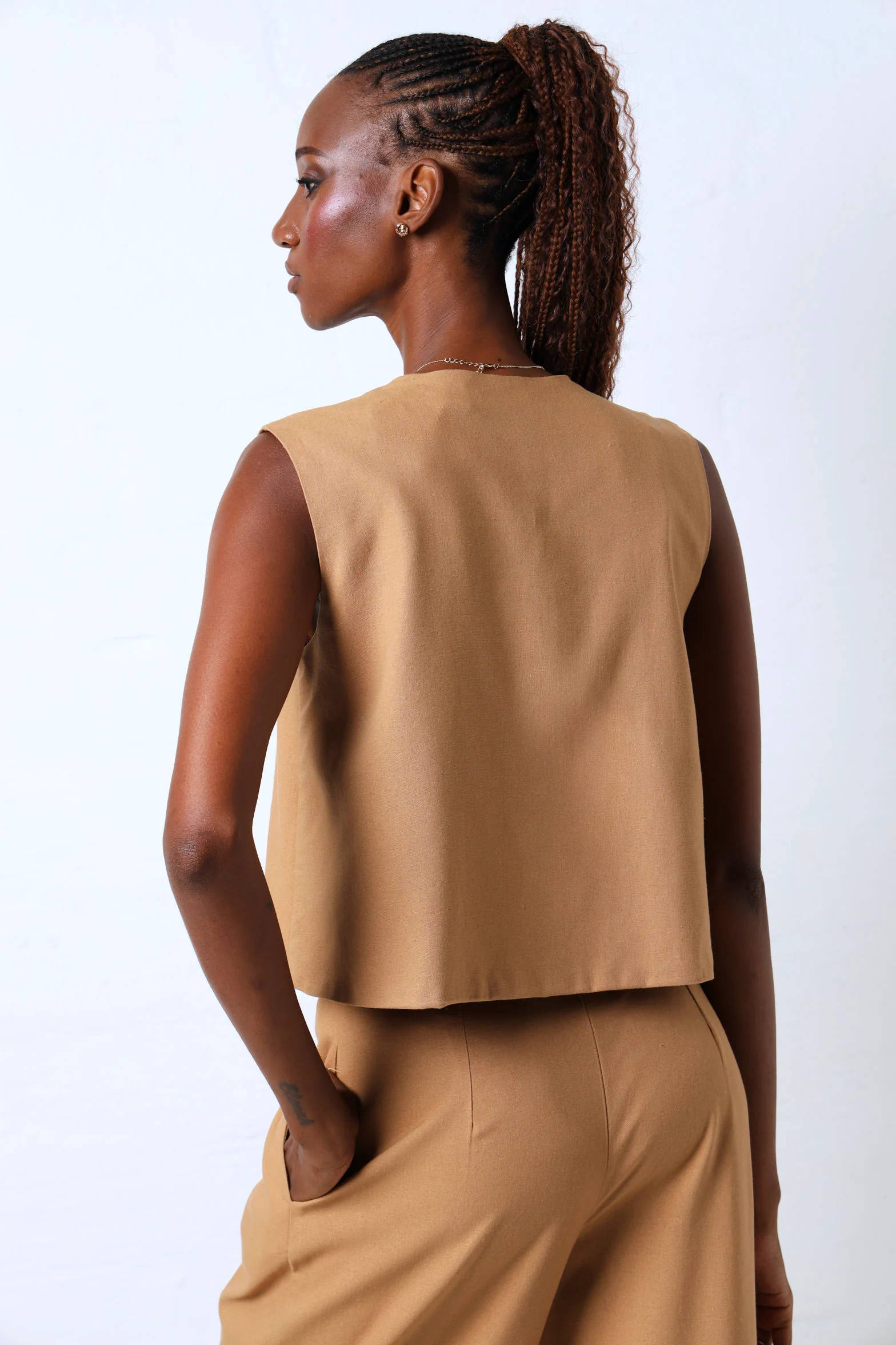 Sleeveless Fancy Button Linen Waistcoat - Caramel - Image 5