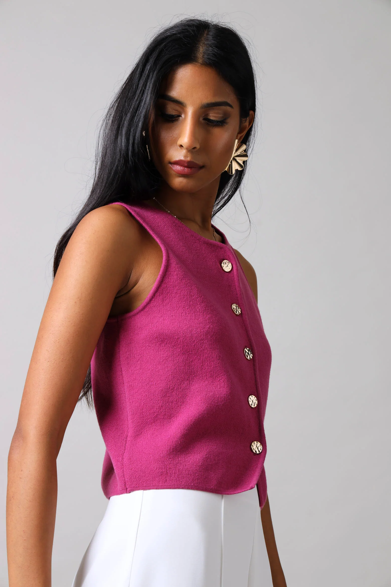 Sleeveless Fancy Buttons Waistcoat - Magenta - Image 3