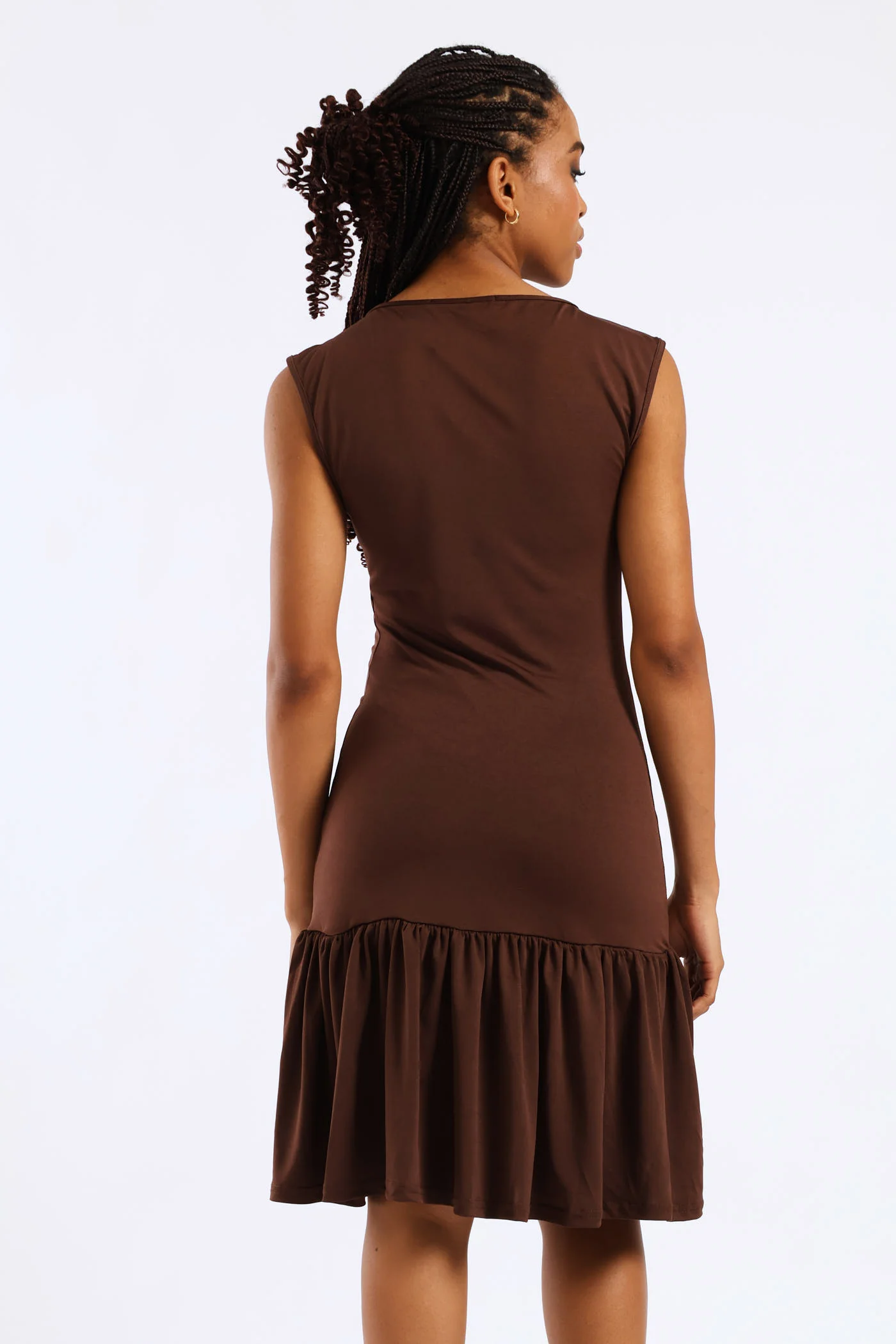 Sleeveless Flare Hem High Neck Mini Dress - Brown - Image 5
