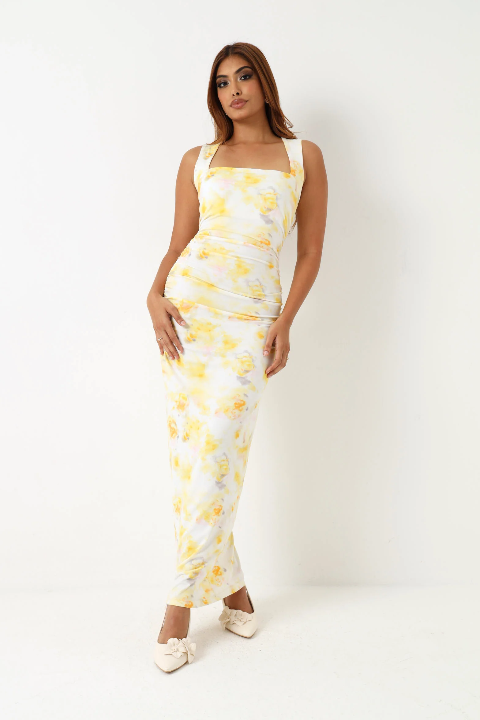 Sleeveless Floral Midi Dress - Yellow