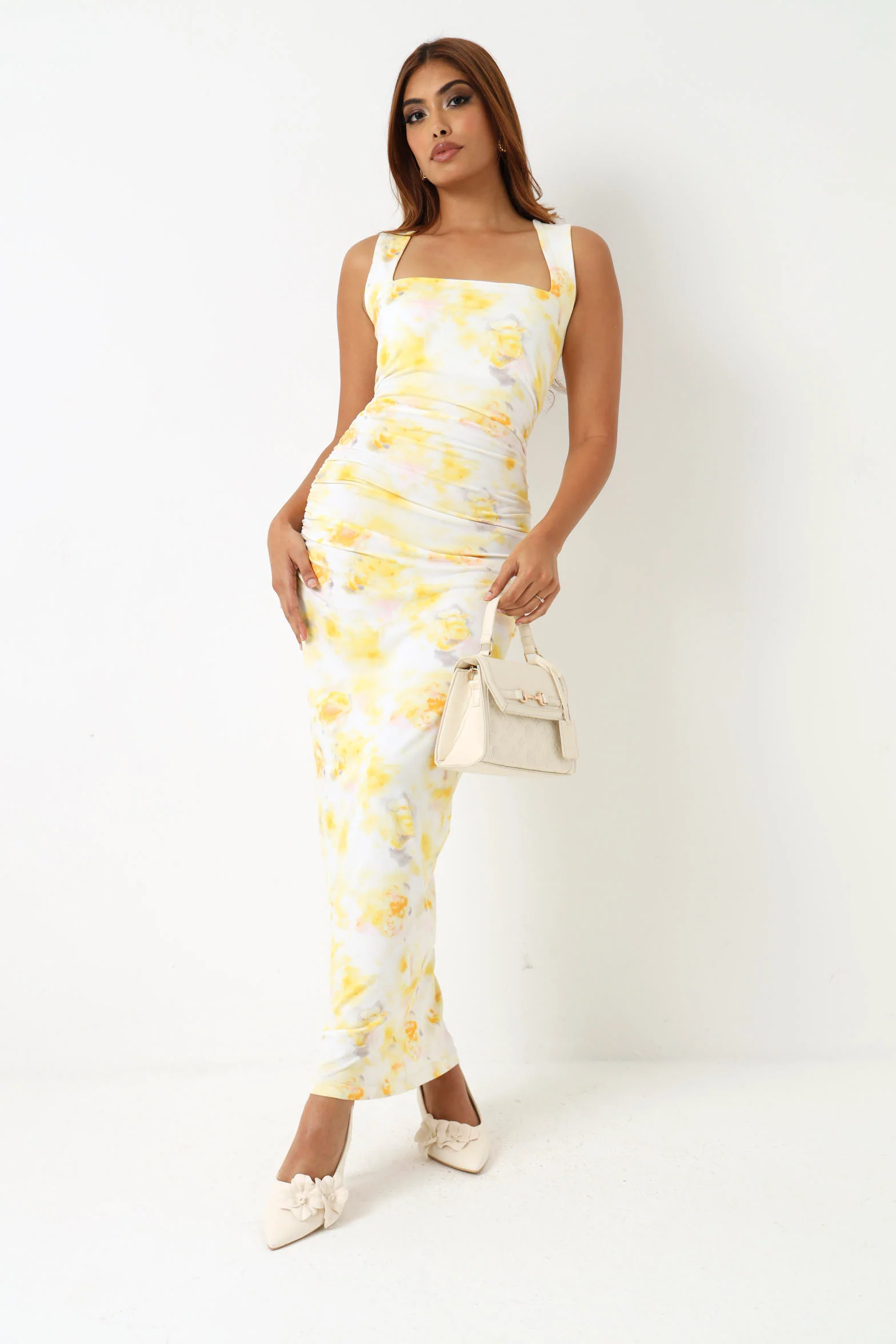 Sleeveless Floral Midi Dress - Yellow - Image 3