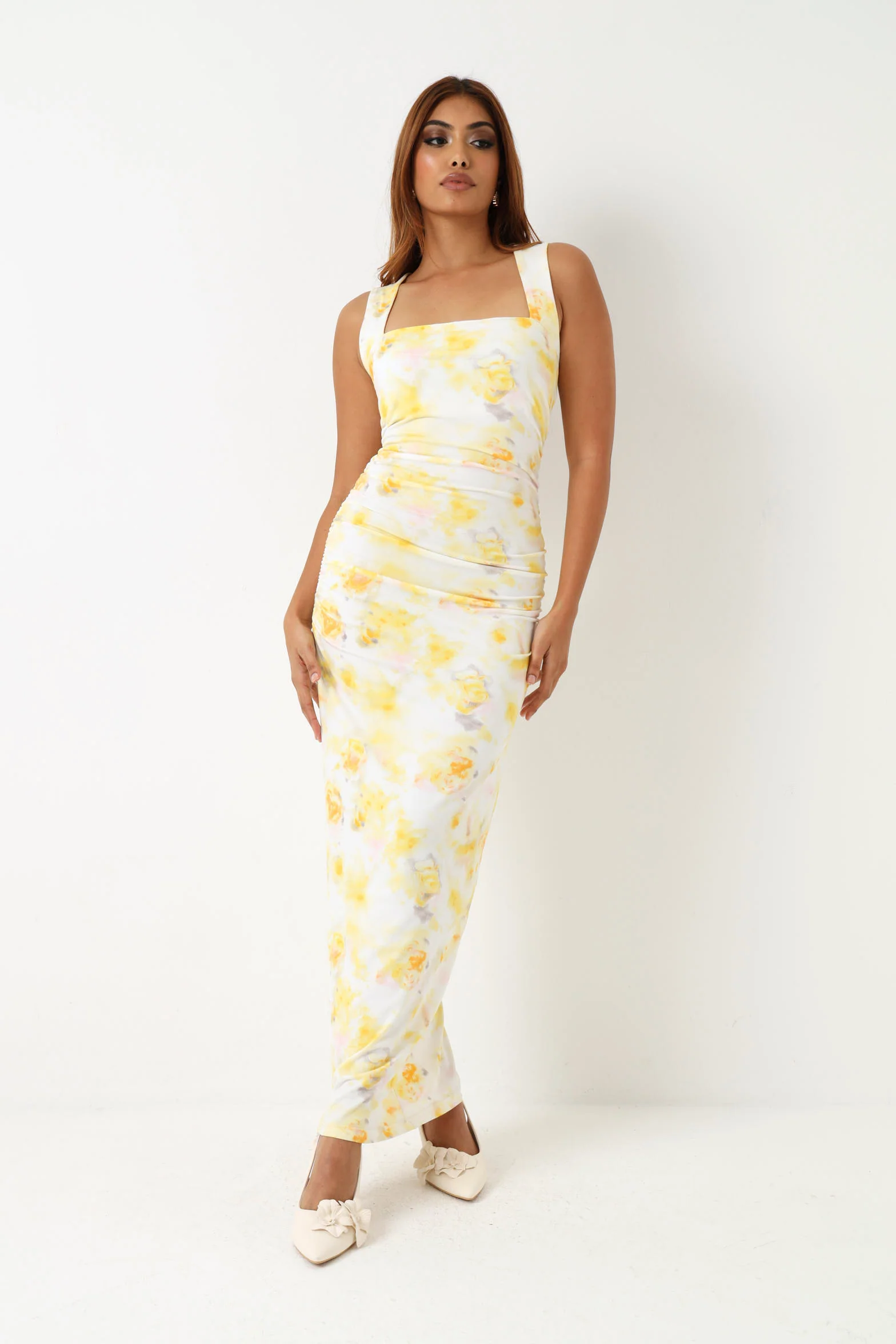 Sleeveless Floral Midi Dress - Yellow - Image 8