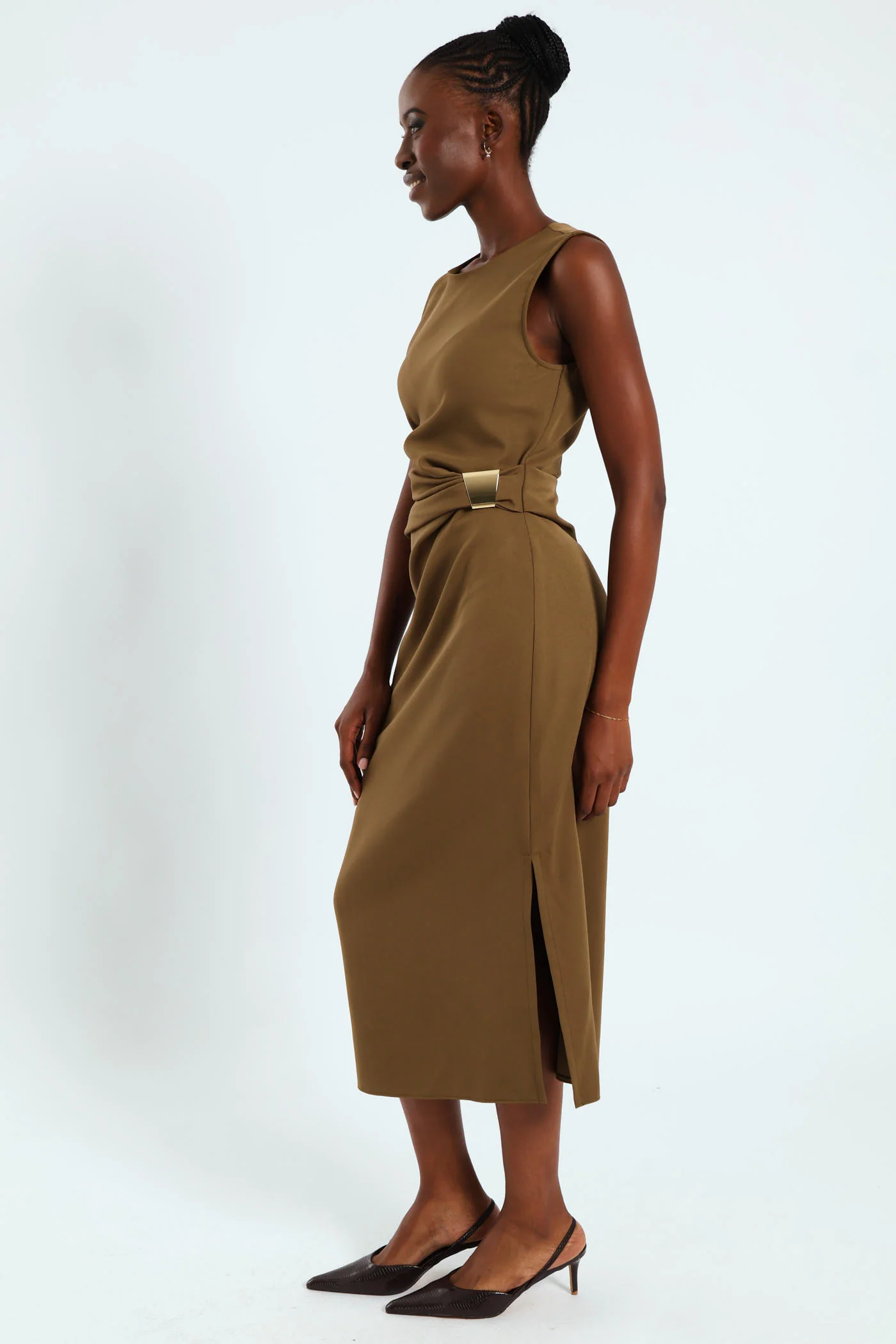 Sleeveless Gold Side Trim Ruched Dress - Khaki - Image 3