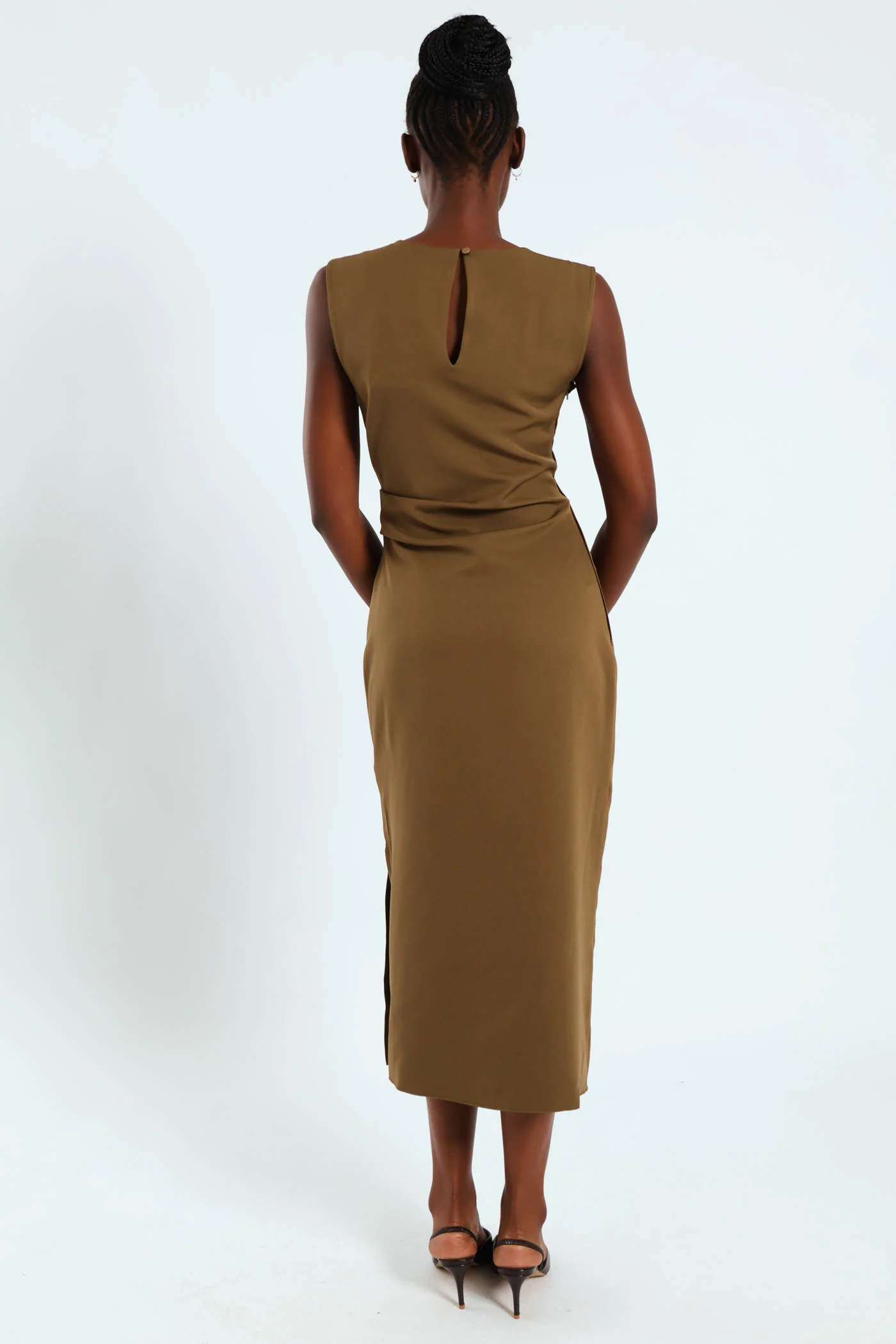 Sleeveless Gold Side Trim Ruched Dress - Khaki - Image 5