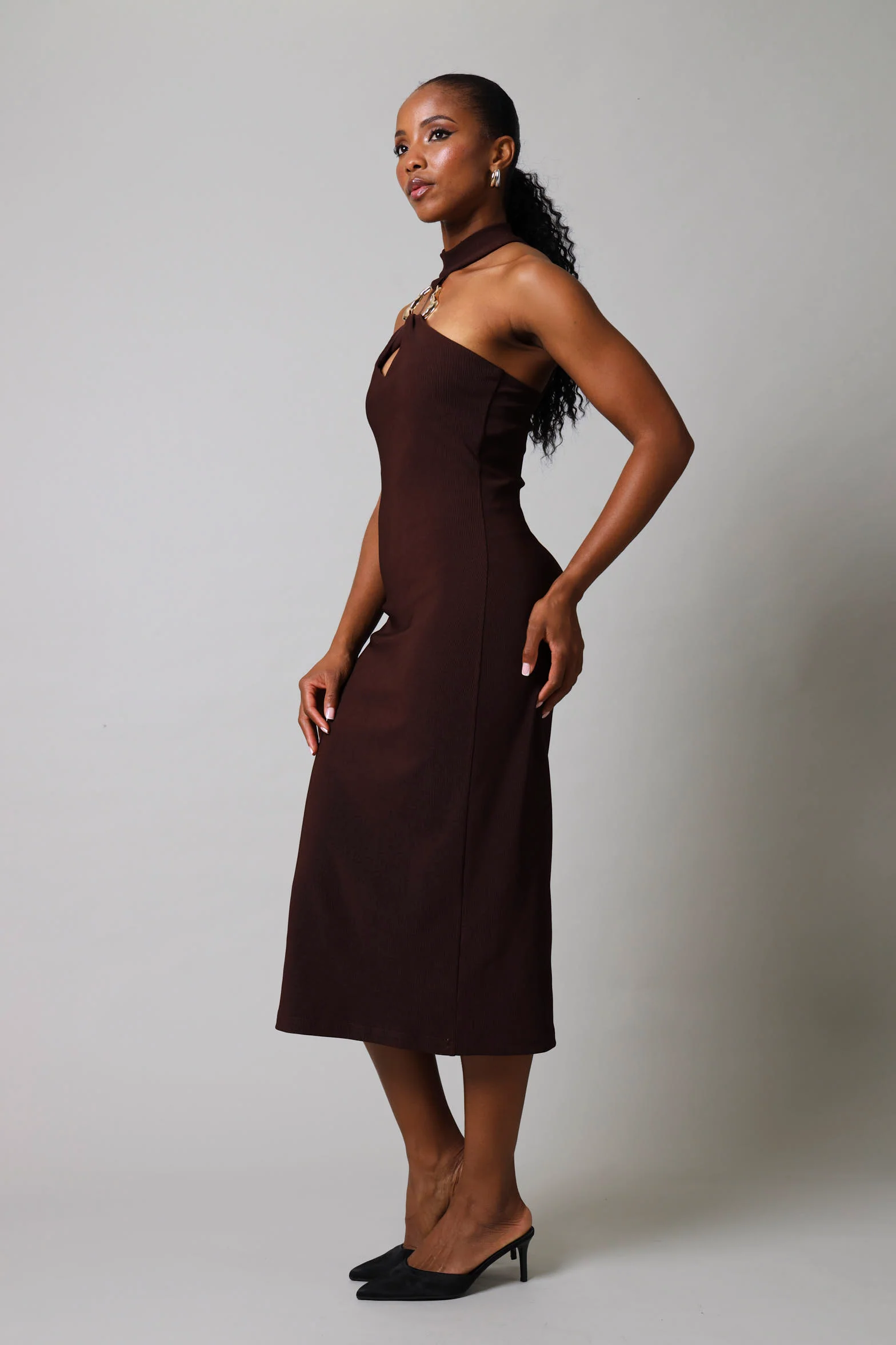Sleeveless Halter Neck Buckle Detail Dress - Brown - Image 2
