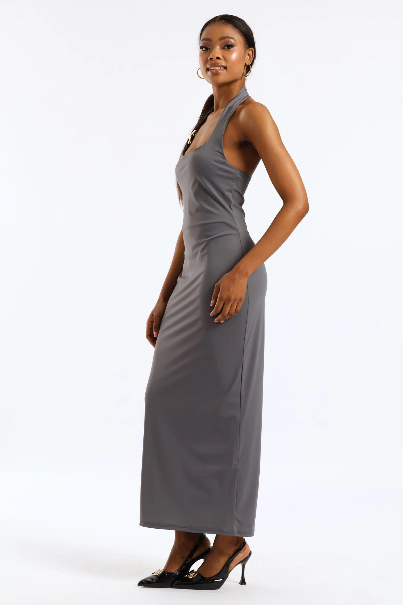 Sleeveless Halter Neck Chain Detail Bodycon Dress - Grey - Image 2