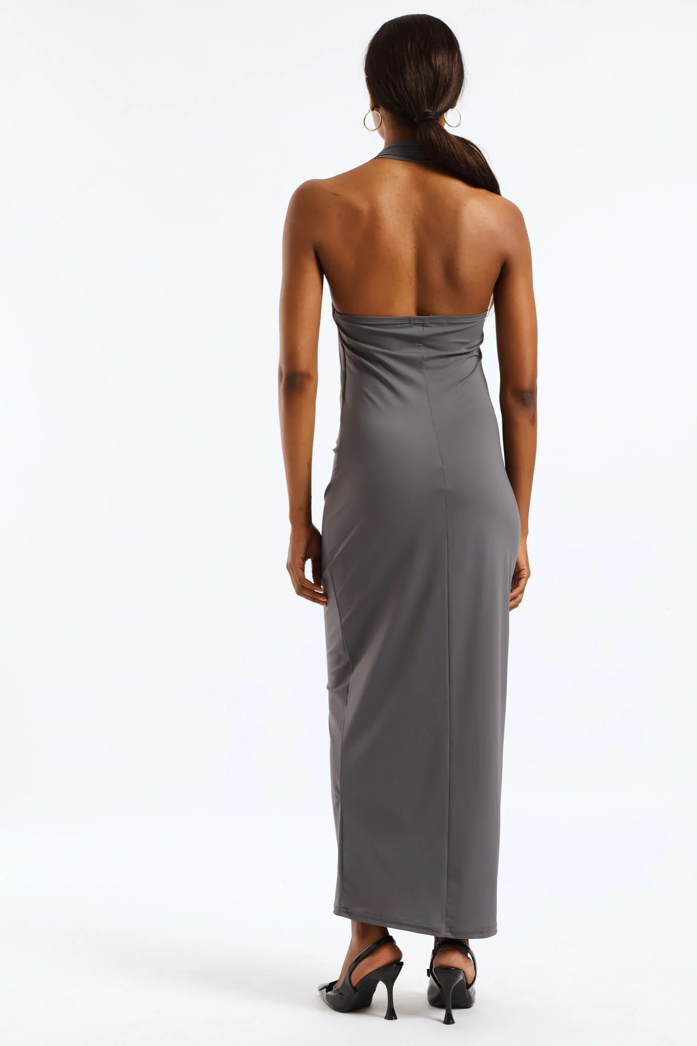 Sleeveless Halter Neck Chain Detail Bodycon Dress - Grey - Image 3