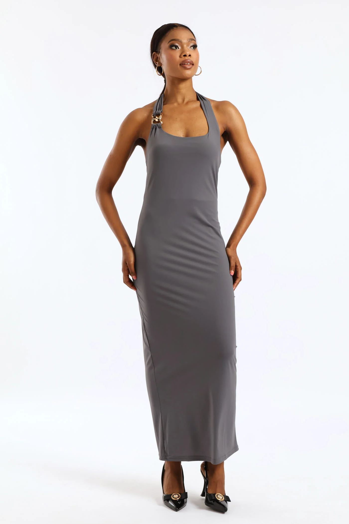 Sleeveless Halter Neck Chain Detail Bodycon Dress - Grey - Image 5