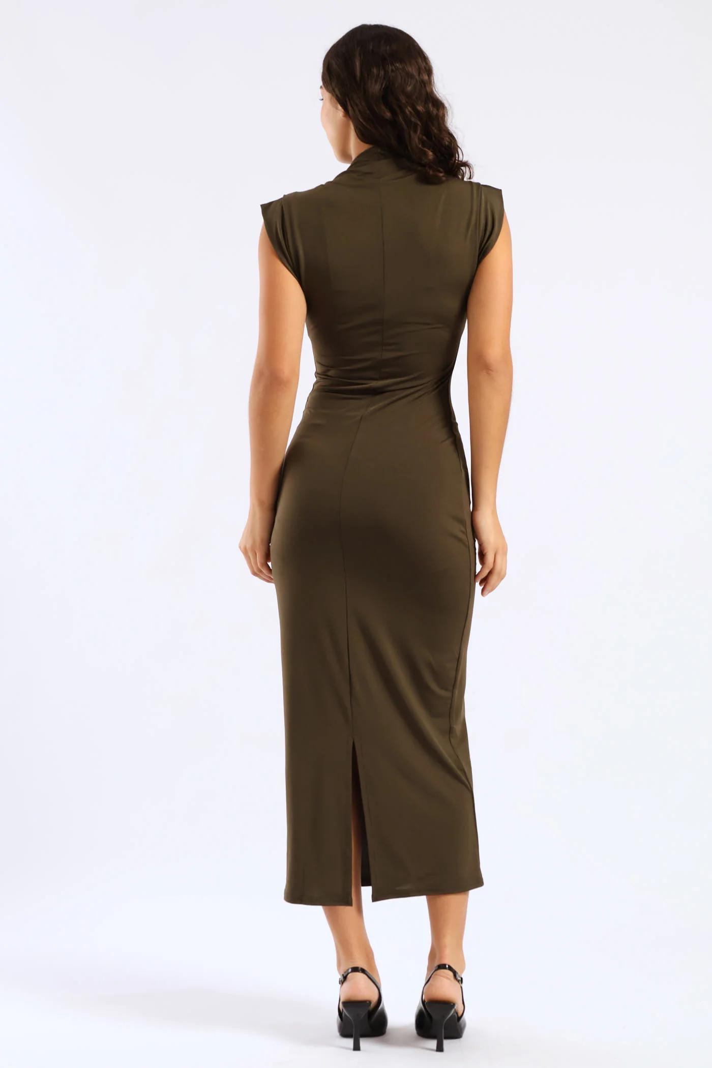 Sleeveless High Neck Bodycon Dress - Fatigue - Image 2