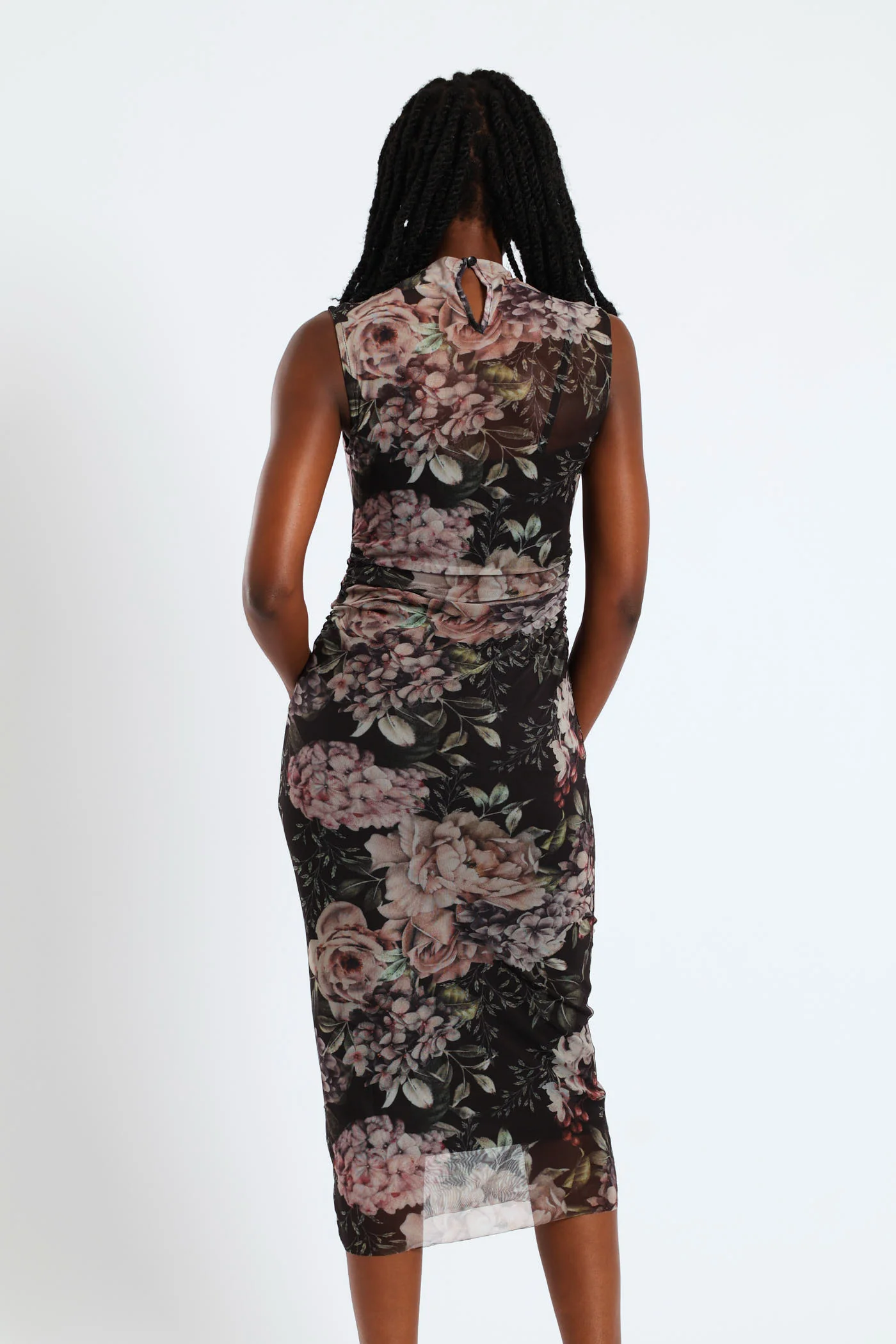Sleeveless High Neck Gauge Midi Dress - Floral - Image 5