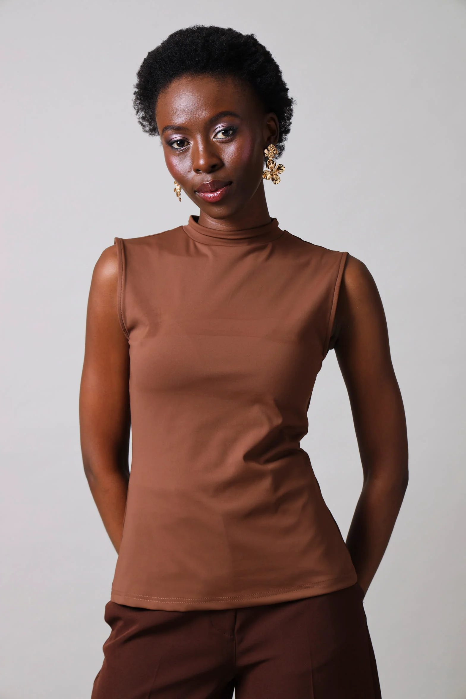 Sleeveless High Neck Slinky Top - Chocolate - Image 2
