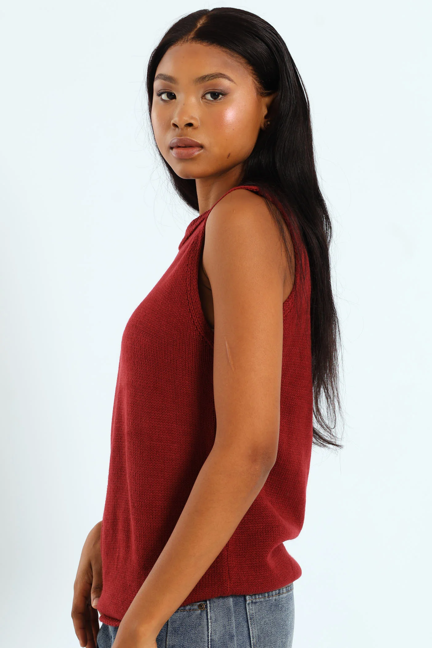 Sleeveless Knitwear Tank Top - Burgundy - Image 3