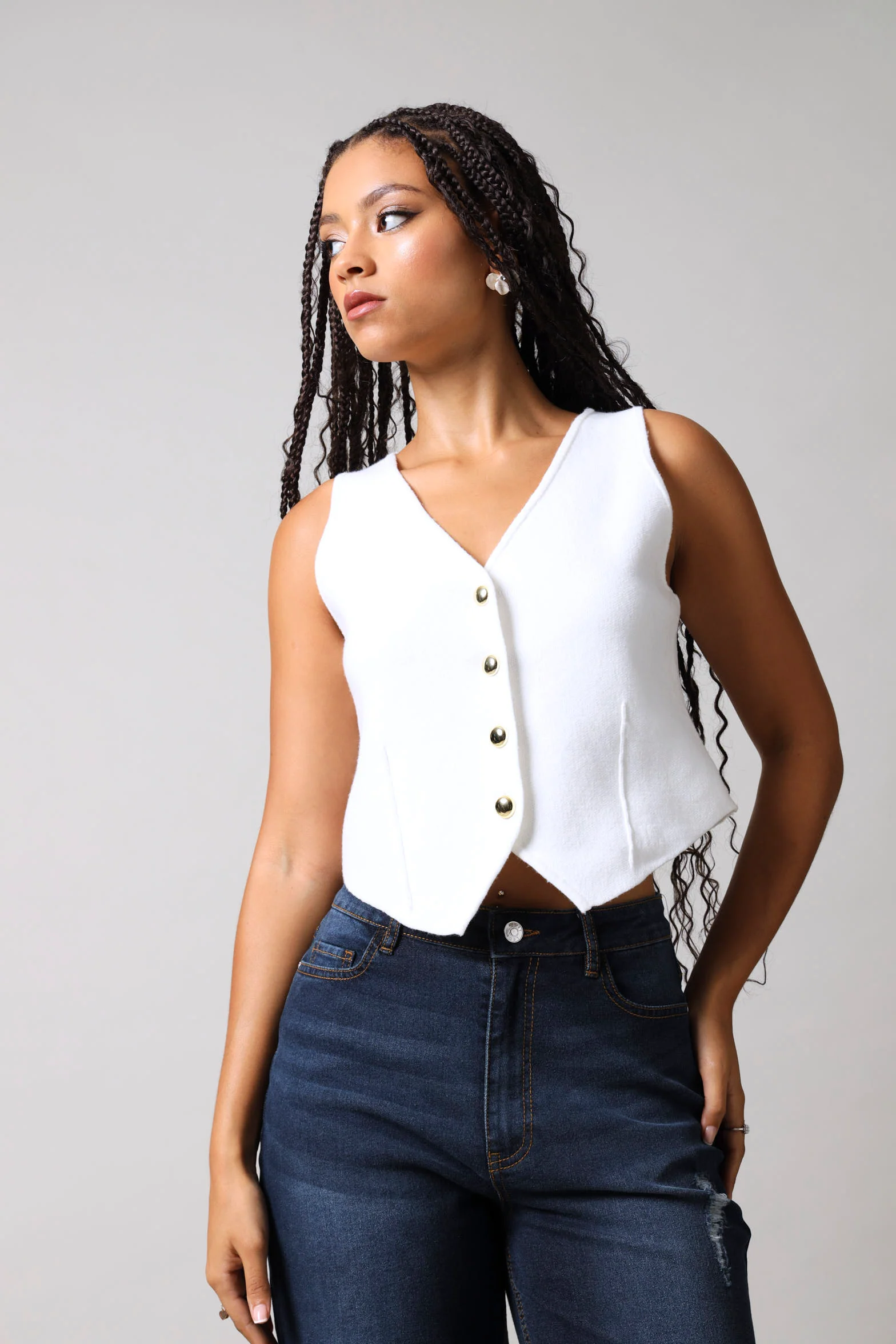 Sleeveless Knitwear Waistcoat - Cream - Image 2