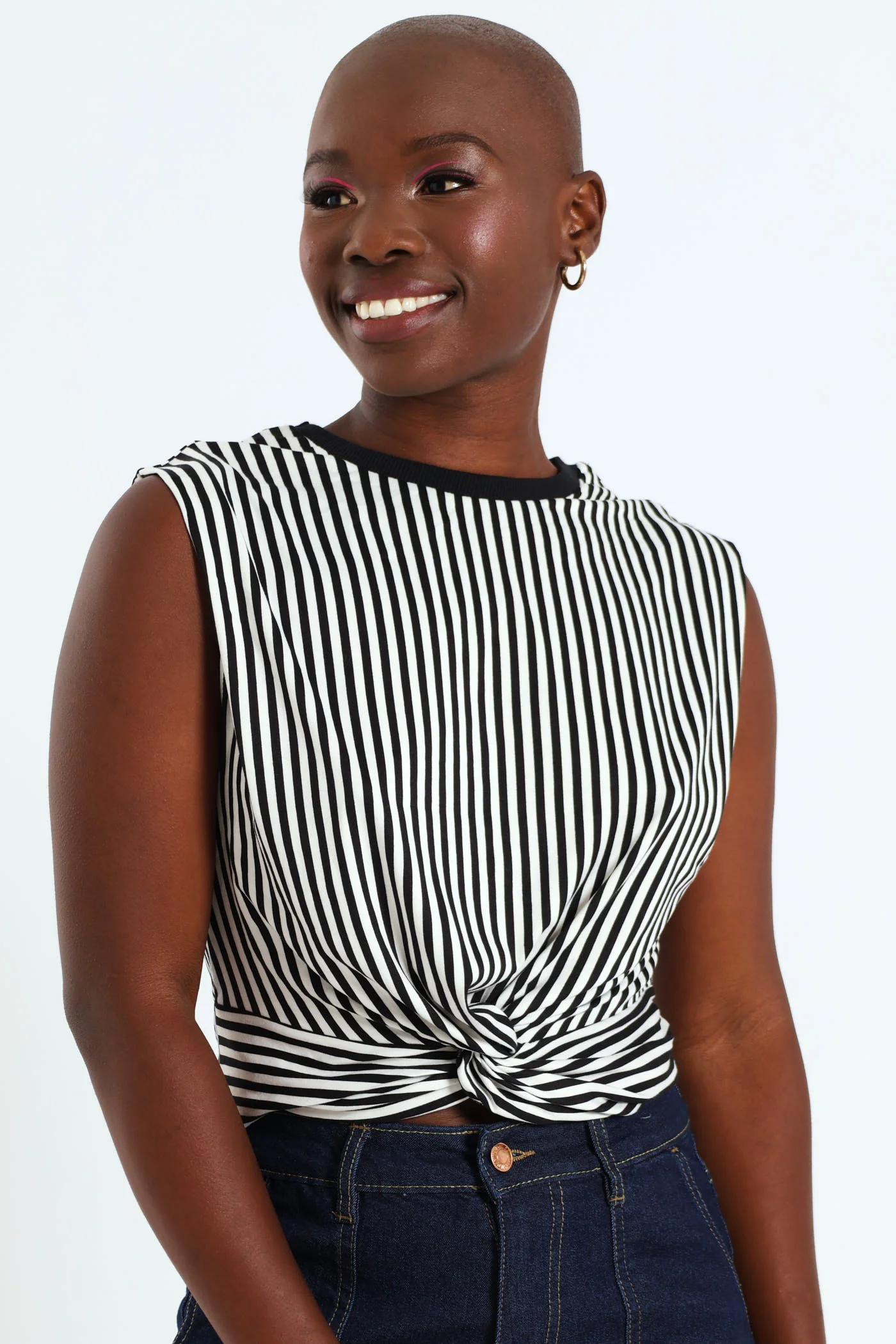 Sleeveless Knot Front Stripe Ditsy Top - Black/White