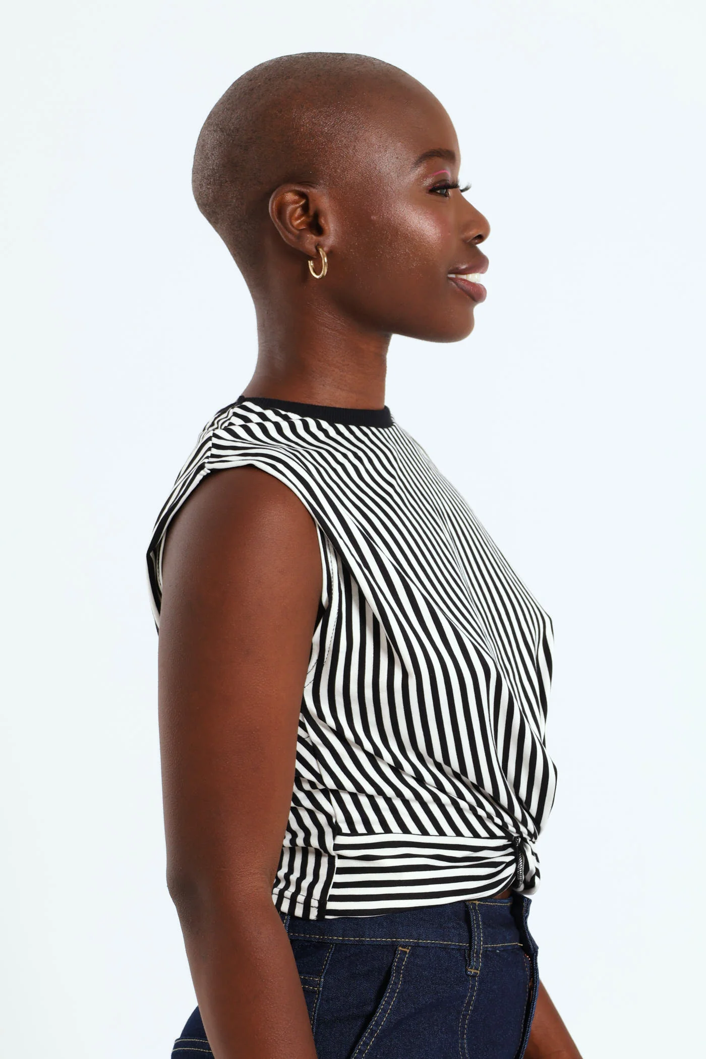 Sleeveless Knot Front Stripe Ditsy Top - Black/White - Image 2
