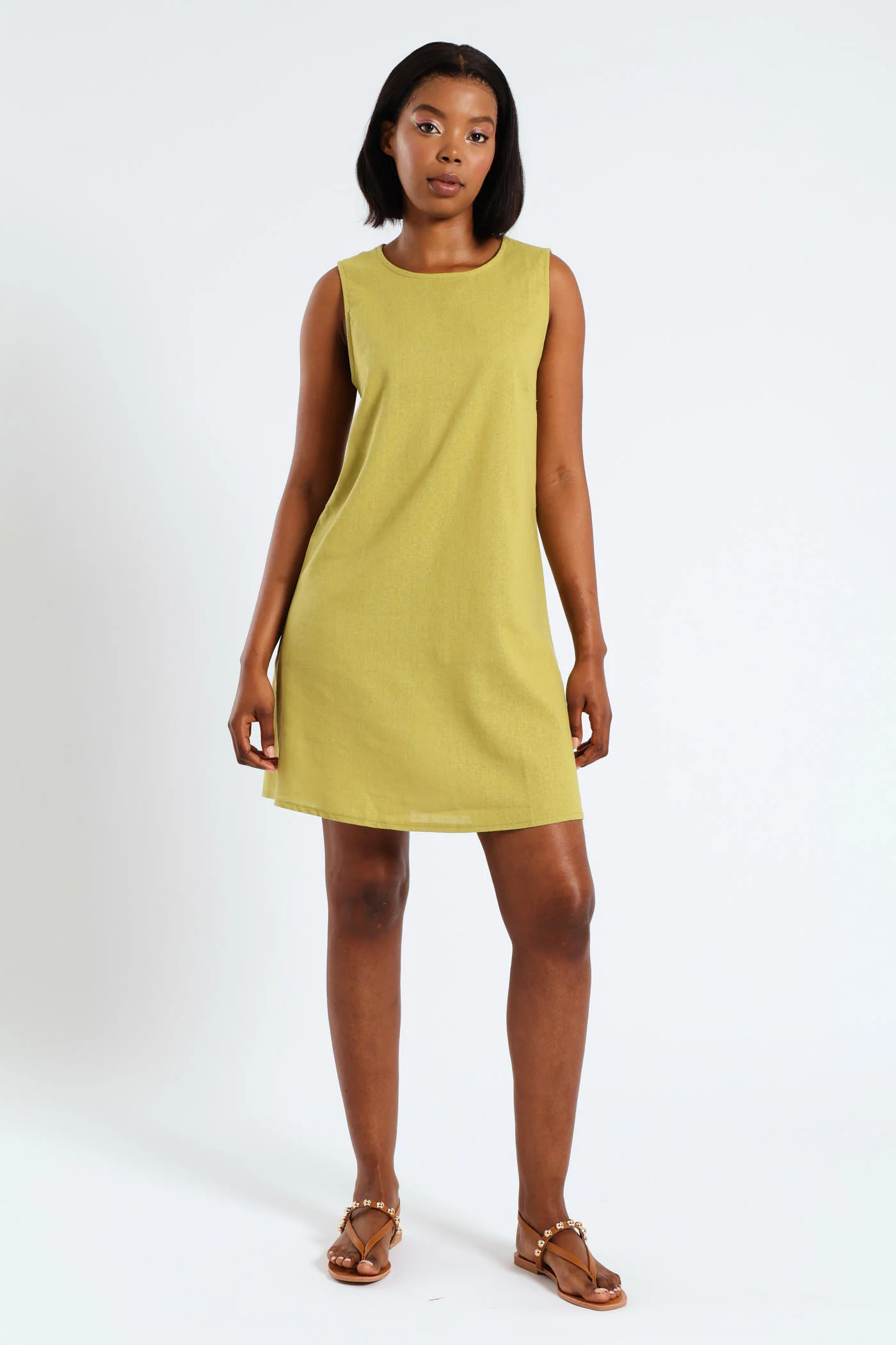 Sleeveless Linen Shift Mini Dress - Olive - Image 2