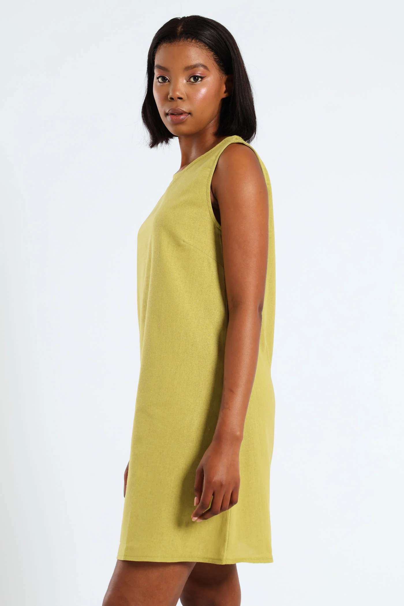 Sleeveless Linen Shift Mini Dress - Olive - Image 3
