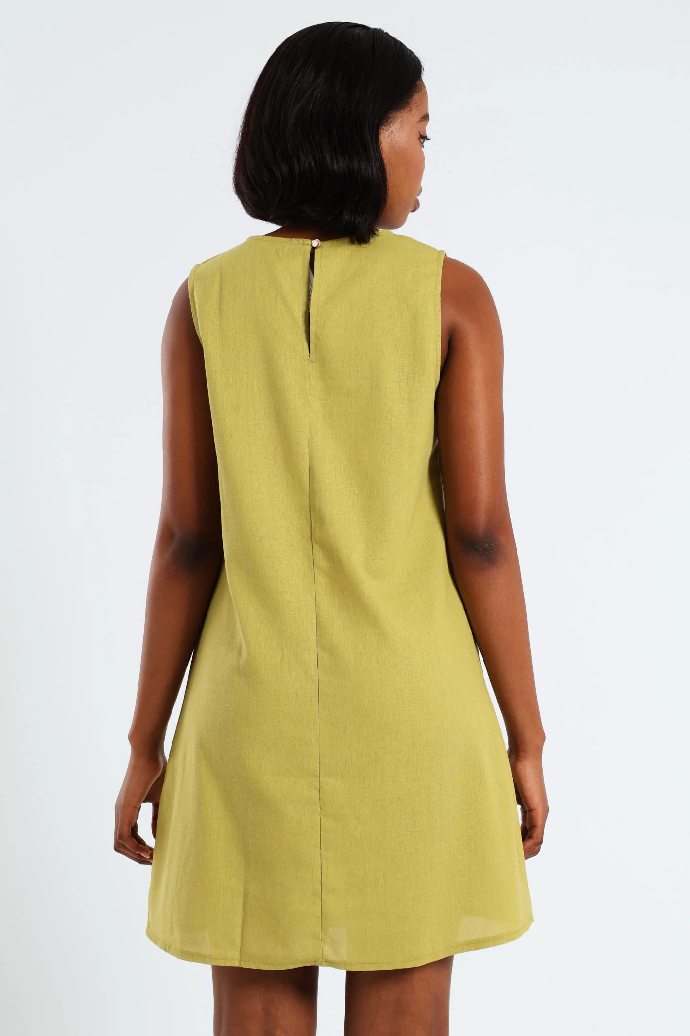 Sleeveless Linen Shift Mini Dress - Olive - Image 6