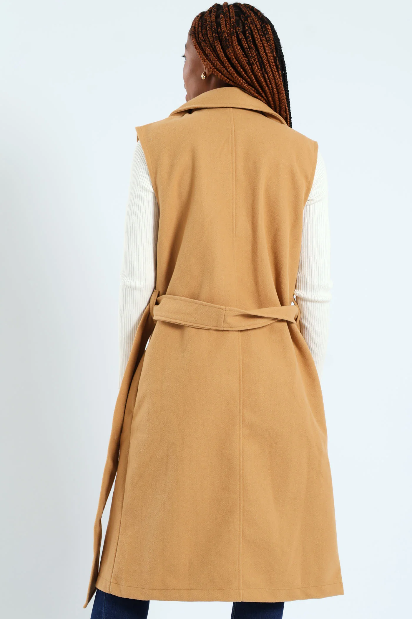Sleeveless Long Length Belted Melton Jacket - Tan - Image 5