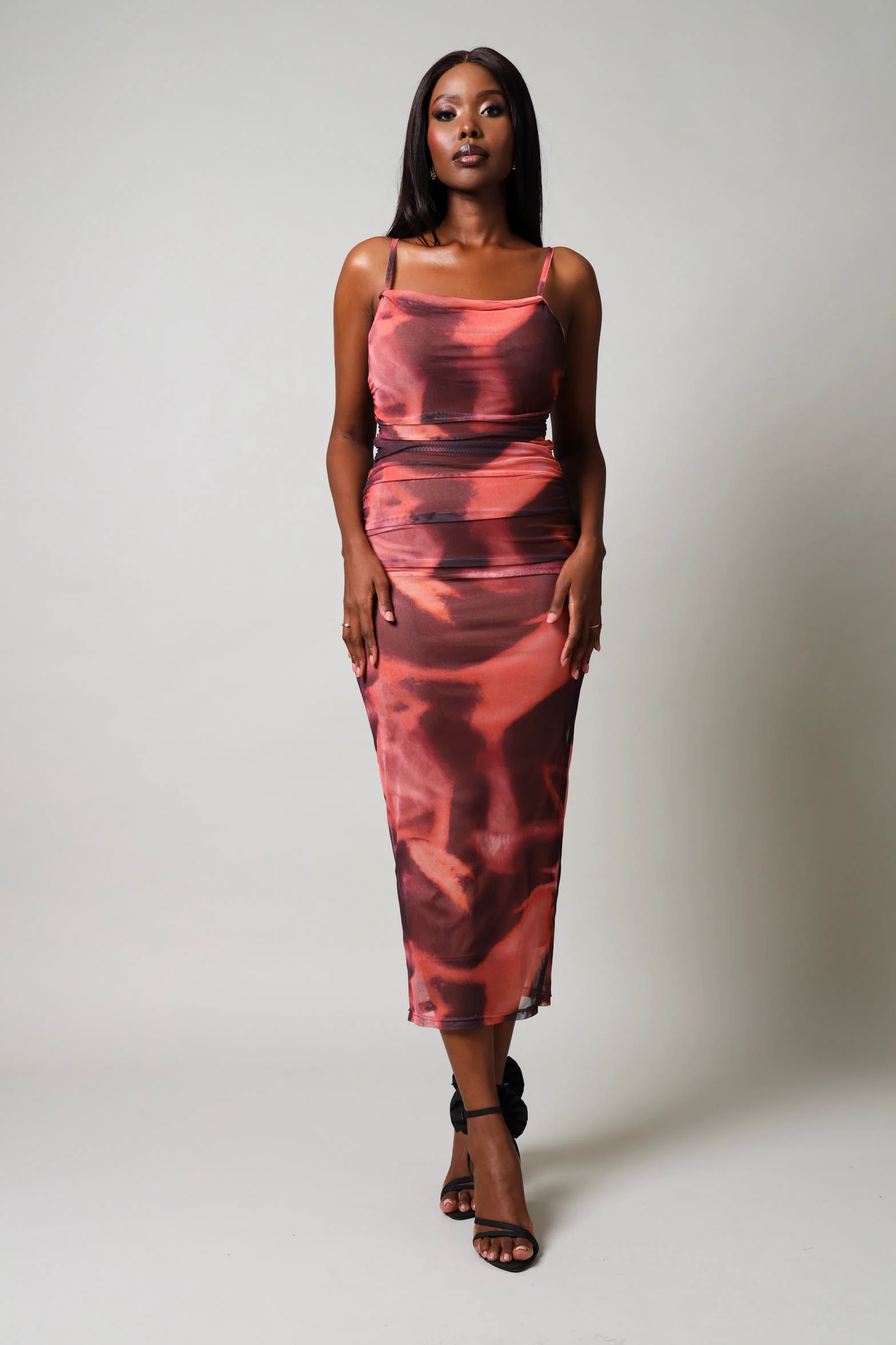 Sleeveless Mesh Ruched Dress - Multi