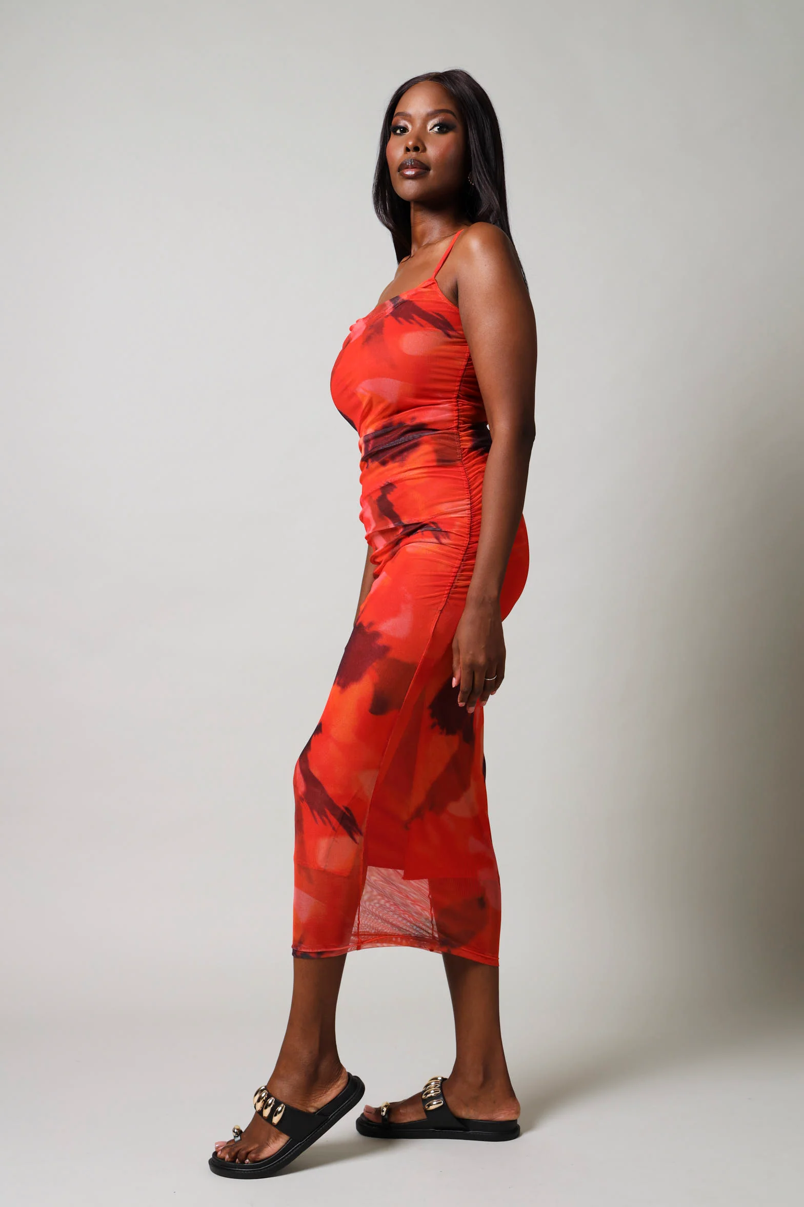 Sleeveless Mesh Ruched Dress - Orange - Image 2